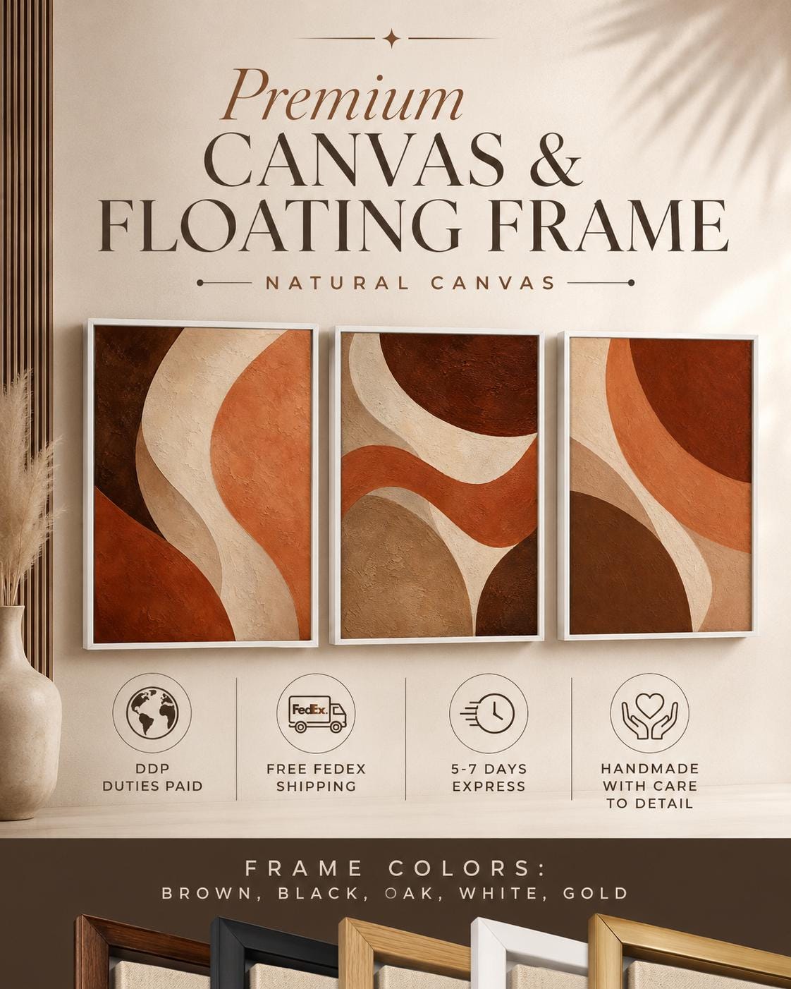 Living room mockup with three terracotta and beige abstract panels above a sofa
