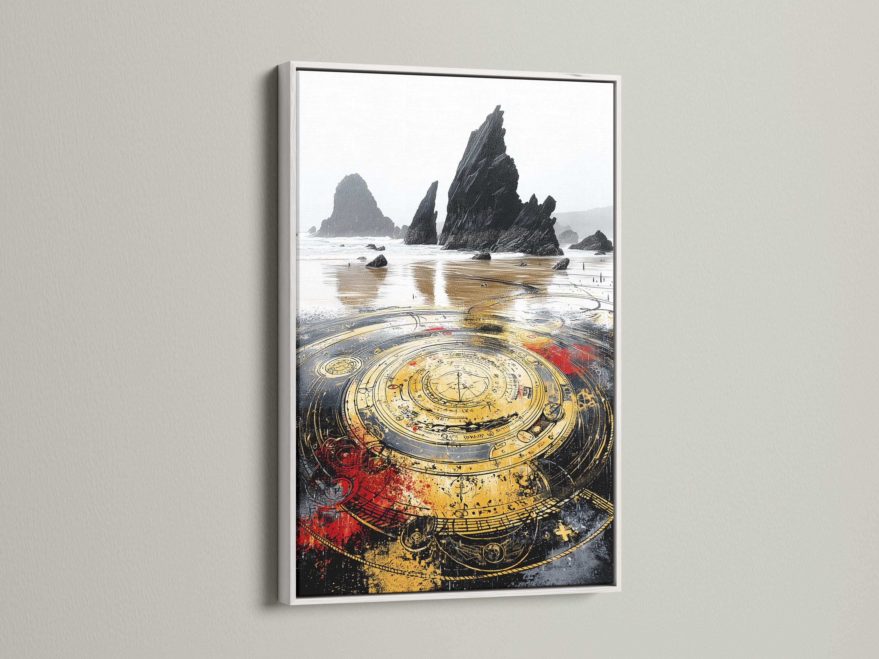 Moody seascape with dark rocks and a large ornate gold compass with red accents detail view