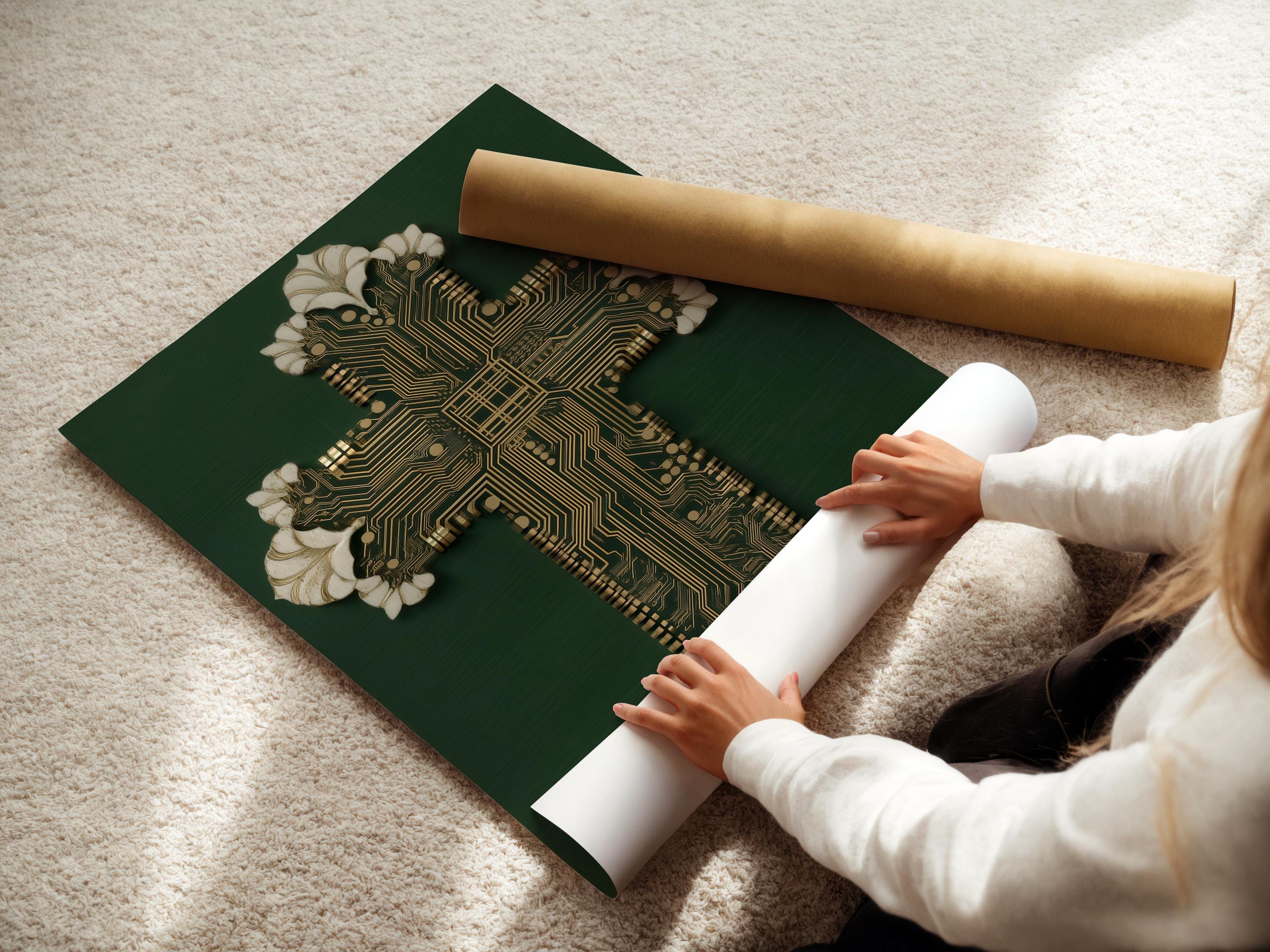 Gold circuit-board cross motif on a deep green background with white petal-like accents detail view