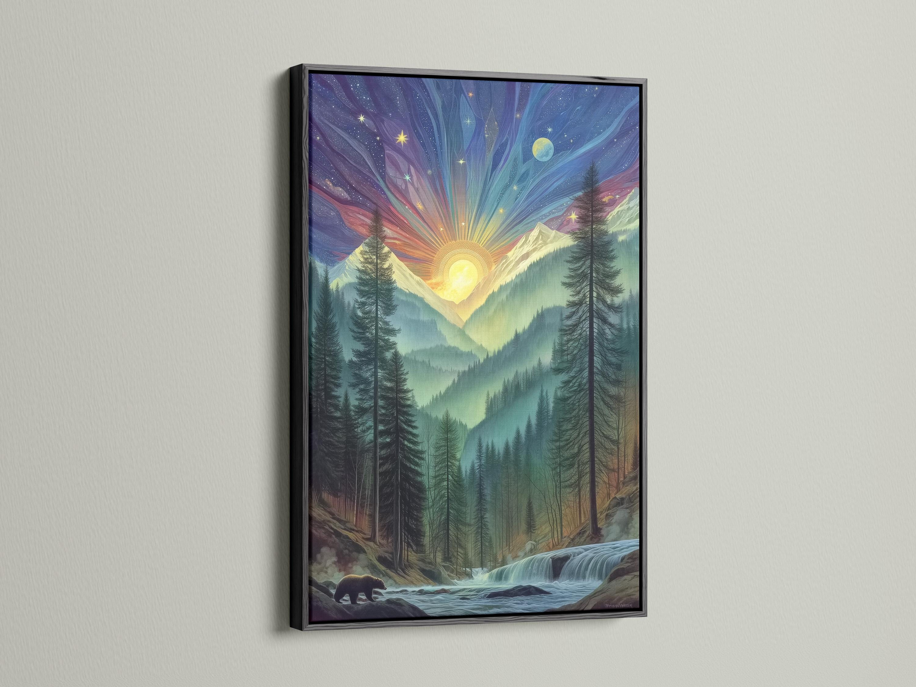 Framed mystical forest sunrise artwork mockup