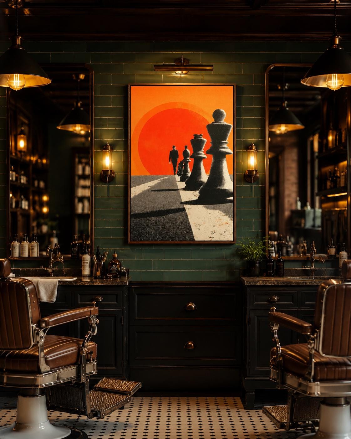 Chess wall art in an office or lounge setting with warm lighting