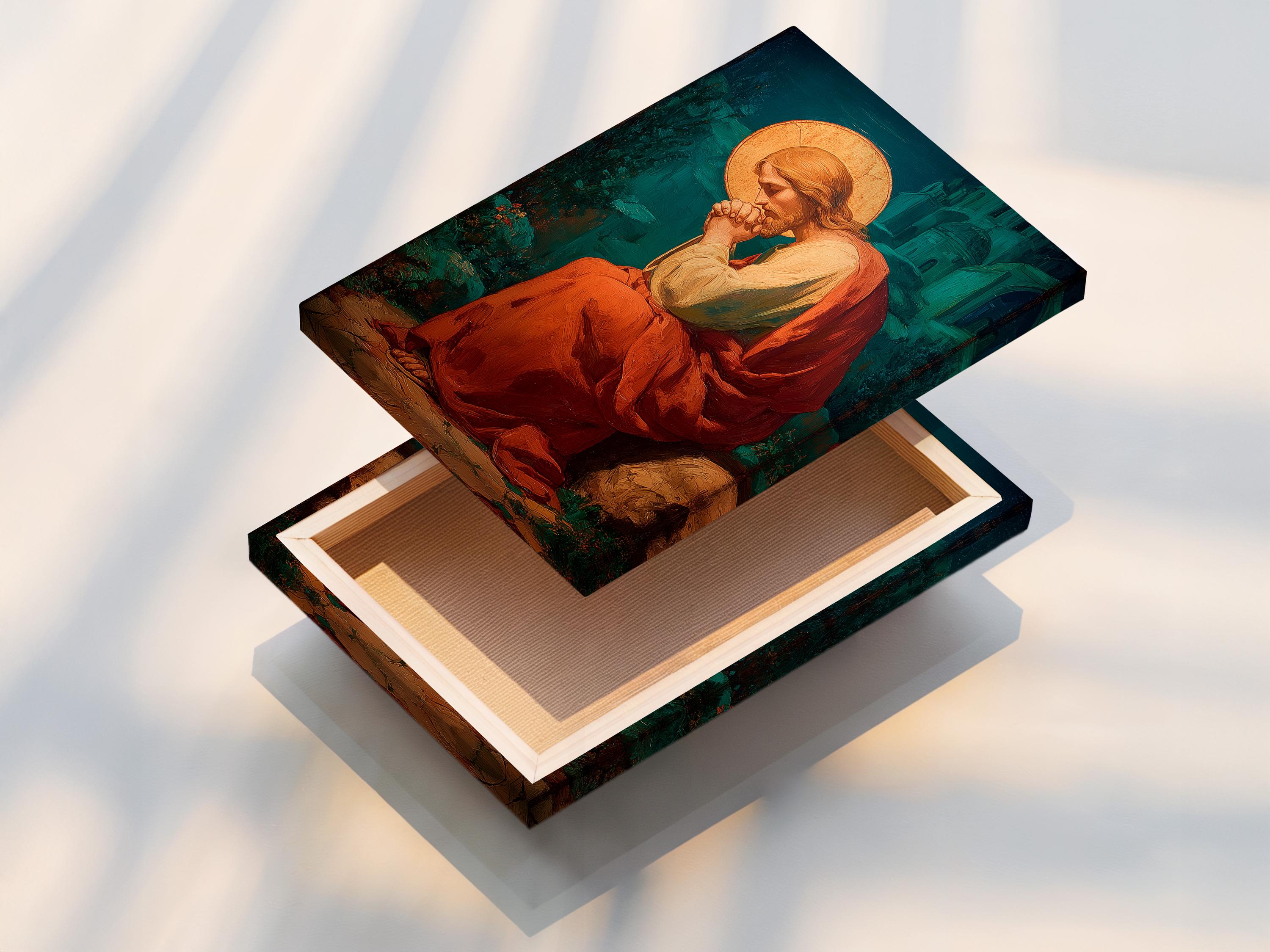 Wall mockup showing a framed painting with a praying figure and gold halo on a beige wall