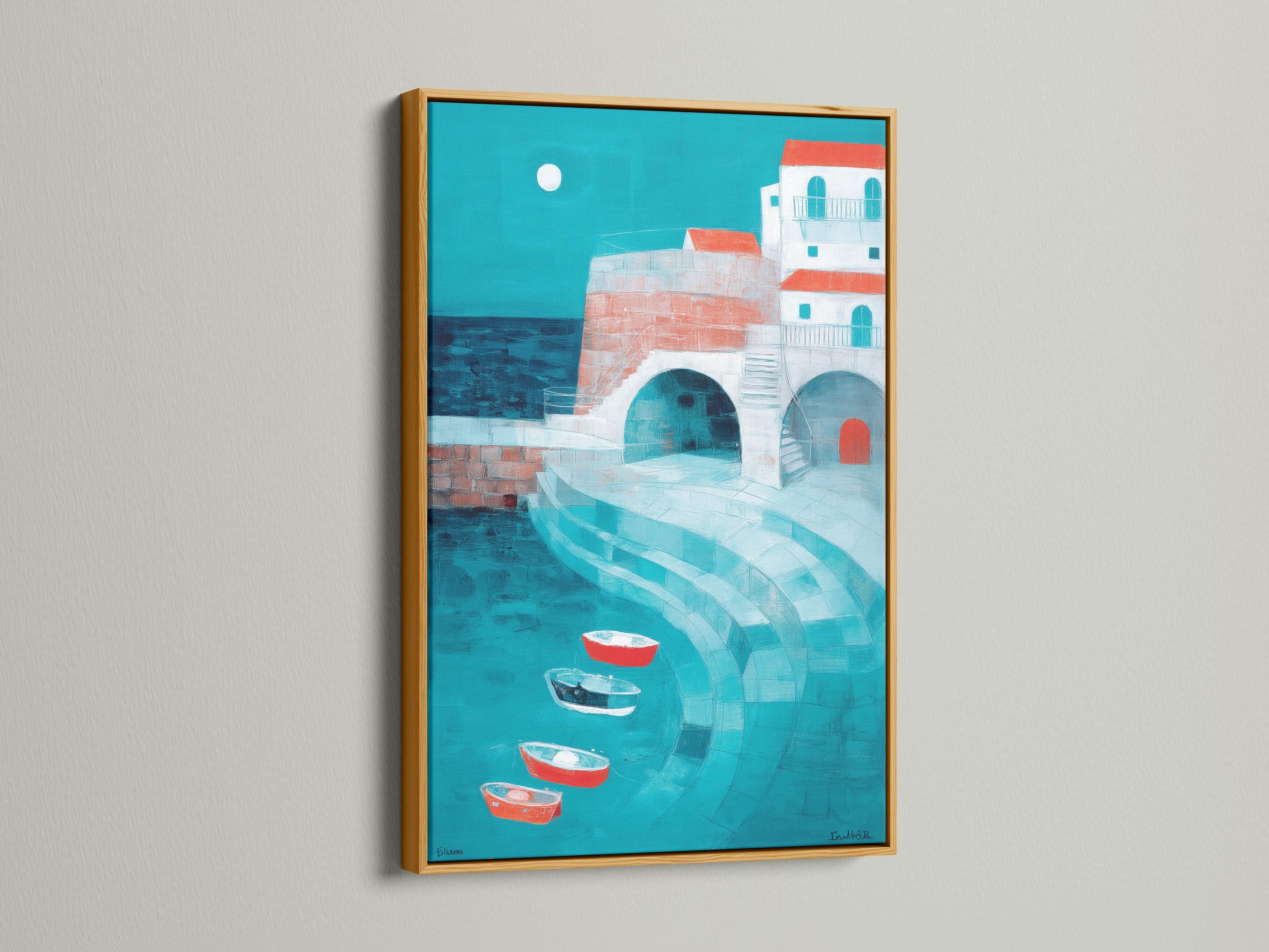 Turquoise harbour seascape with a rounded archway, white buildings, red boats and a pale moon detail view