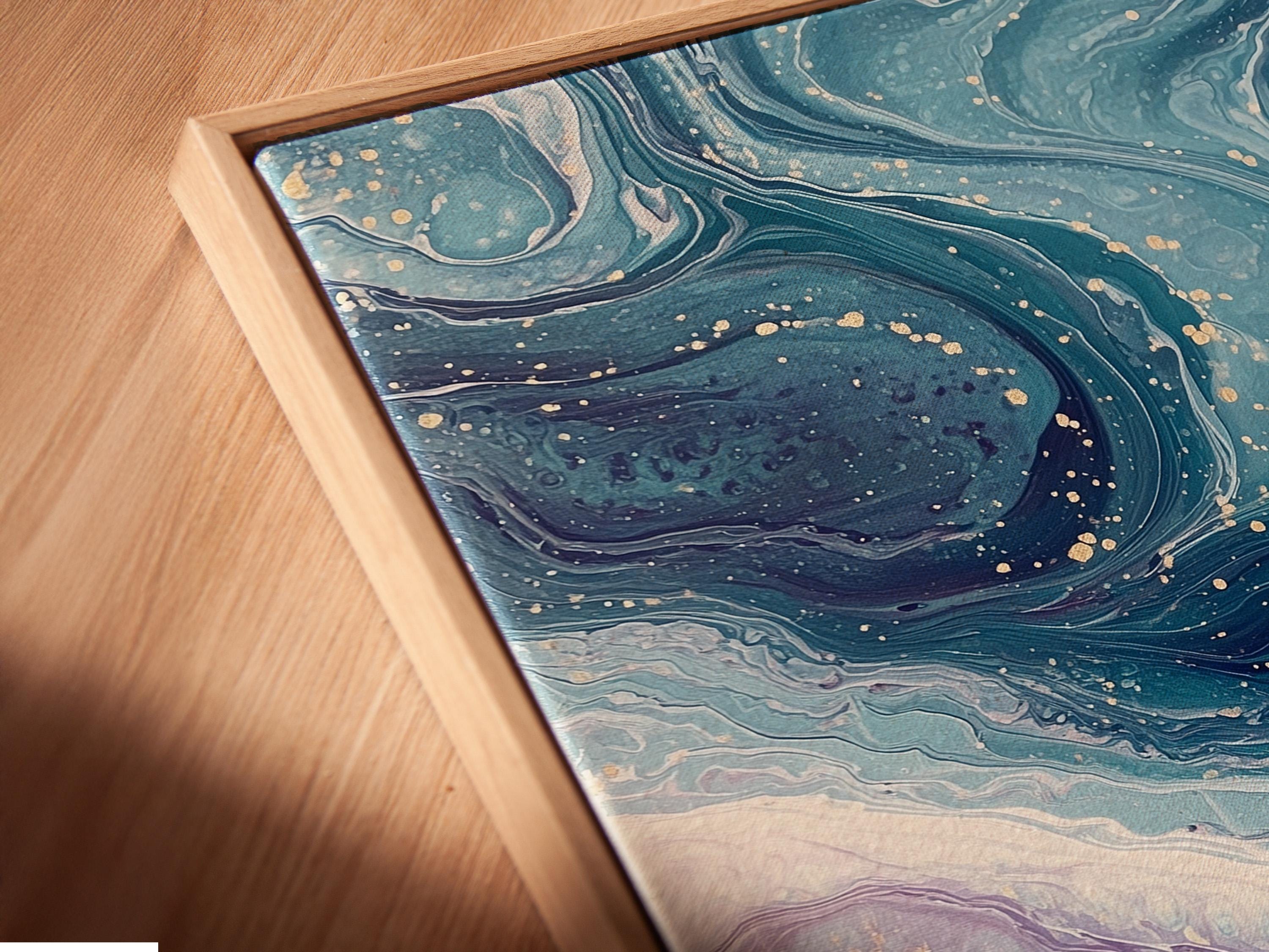 Fluid abstract wave artwork with teal, purple and gold swirls and speckles detail view