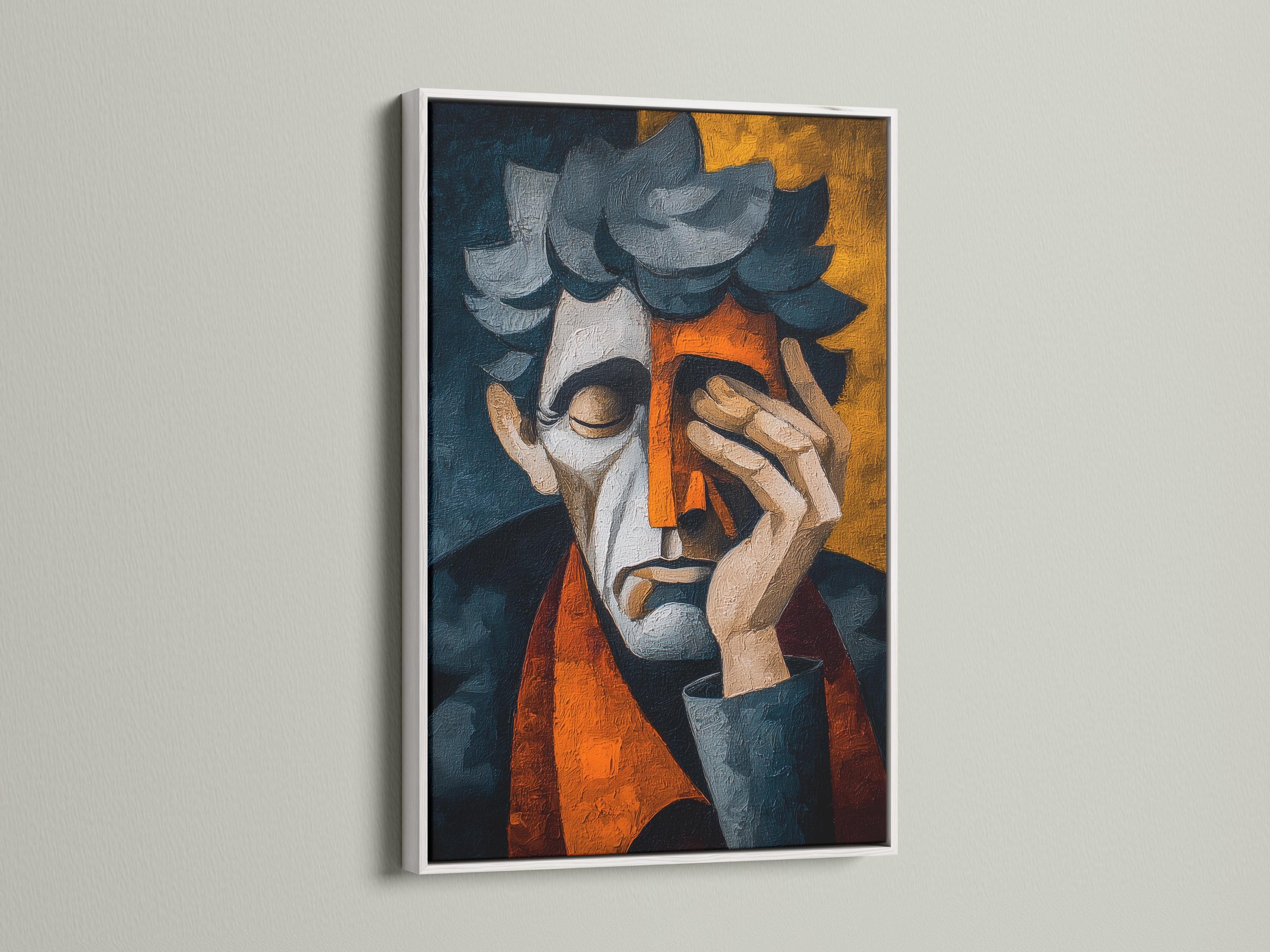 A textured abstract portrait figure in teal and navy, holding a book-like shape, with warm orange and golden blocks behind detail view