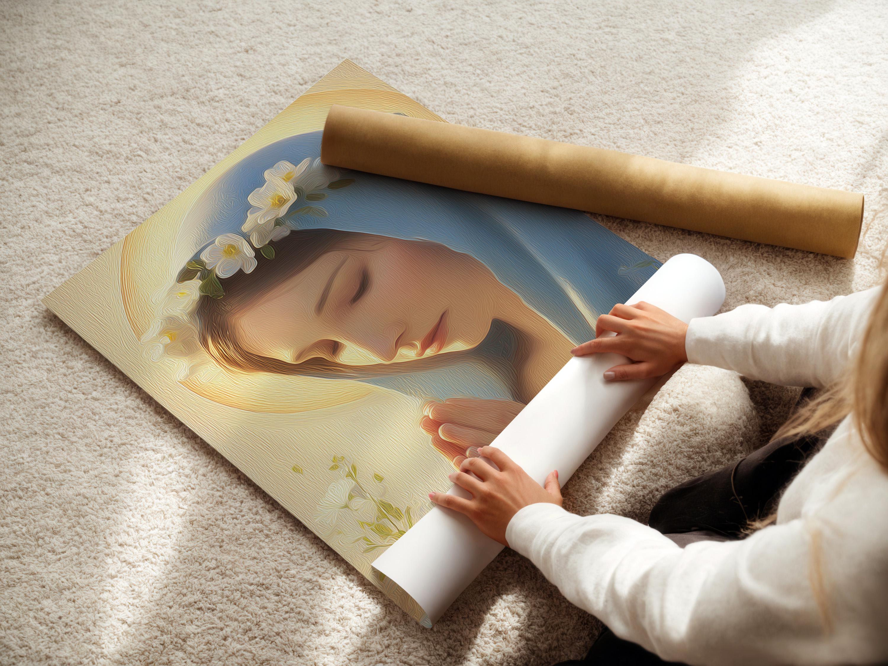 Framed religious portrait on a wall with a bowed robed woman, blue veil, golden halo glow, and clouds