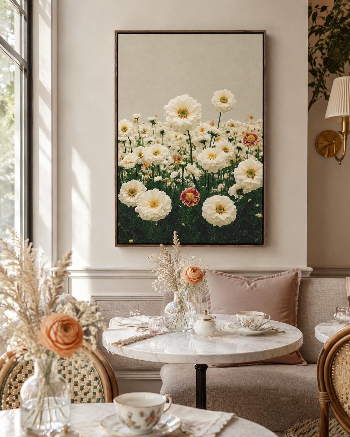 Room mockup showing a person holding flowers beside framed daisy meadow artwork