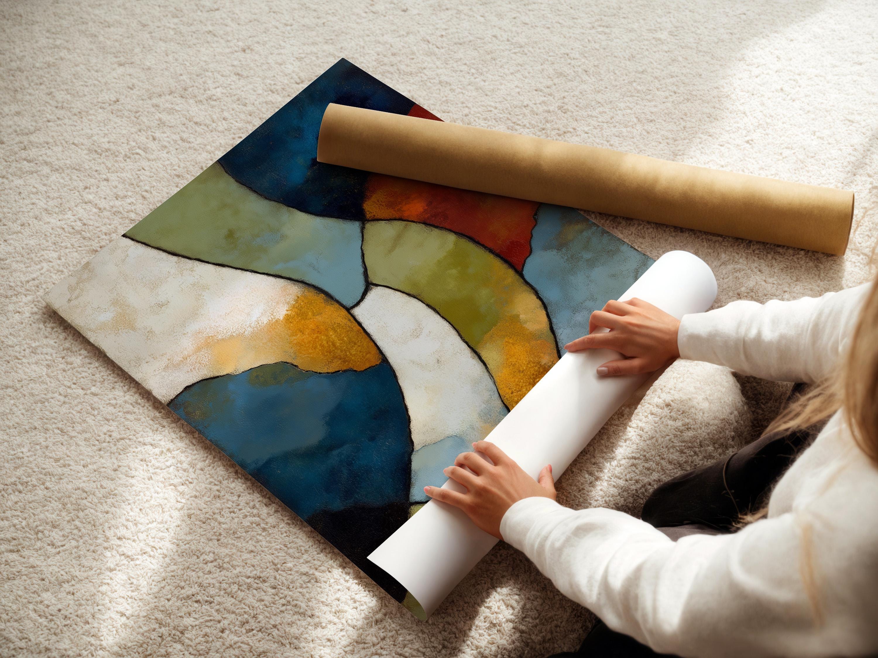 Man sitting on a sofa in a room, with an abstract geometric artwork on the wall
