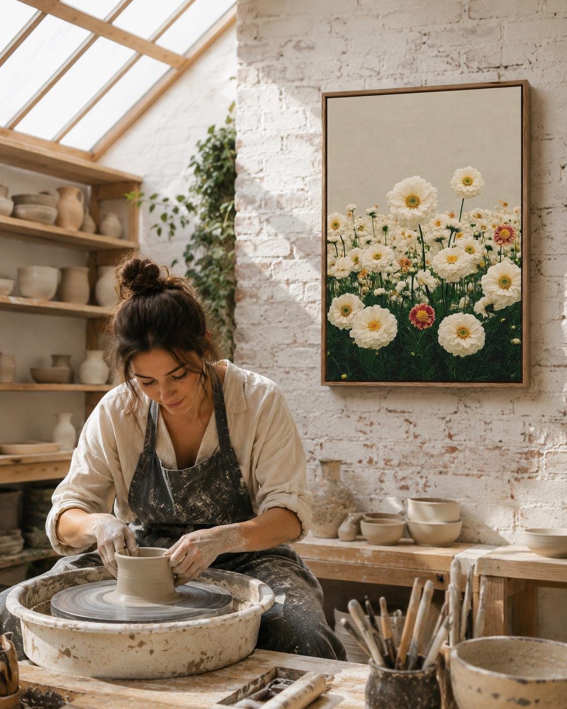Room mockup showing a person holding flowers beside framed daisy meadow artwork