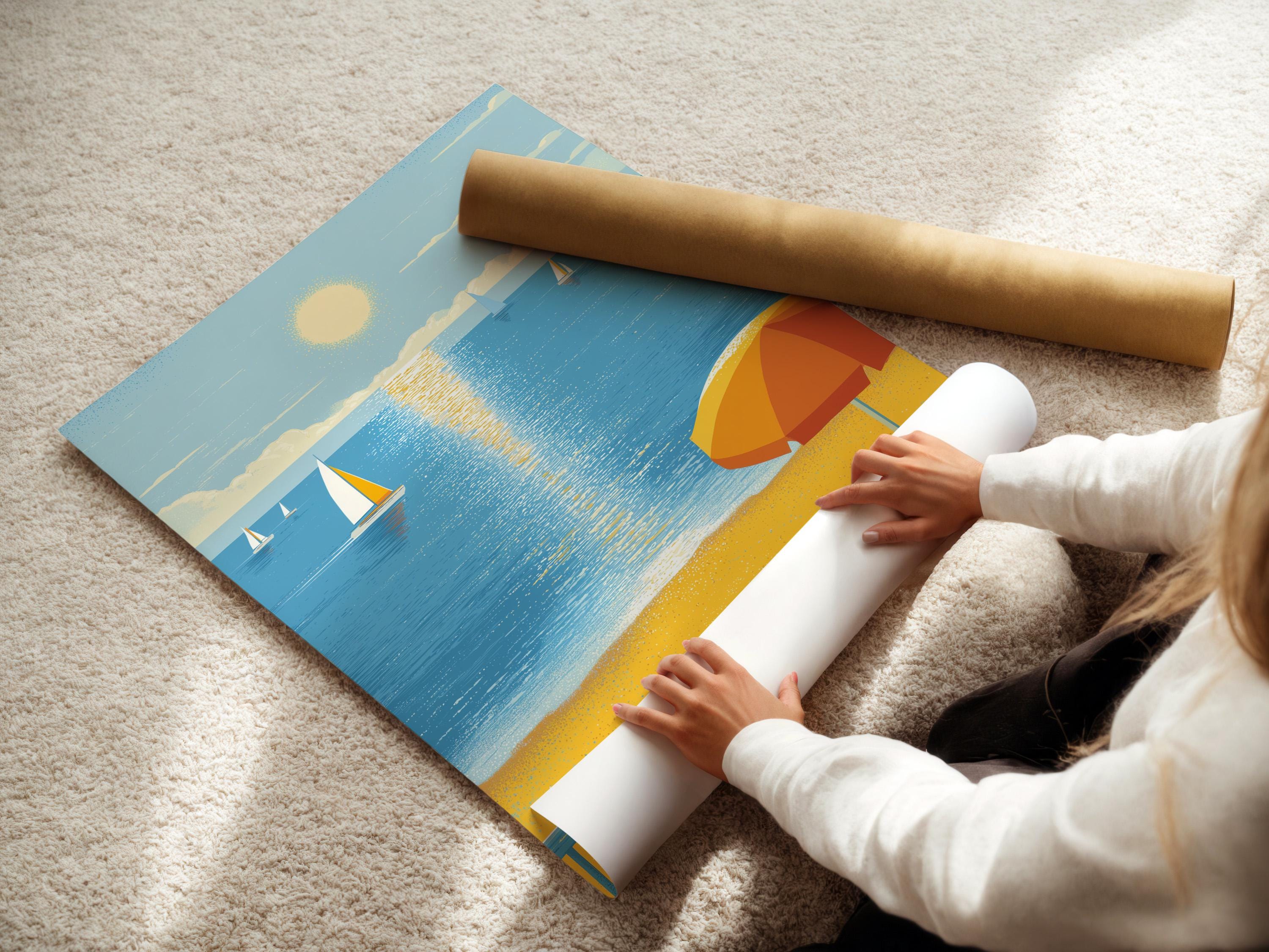 Illustrated beach and ocean scene with sailboats, a glowing sun, and an orange umbrella on sandy shore detail view