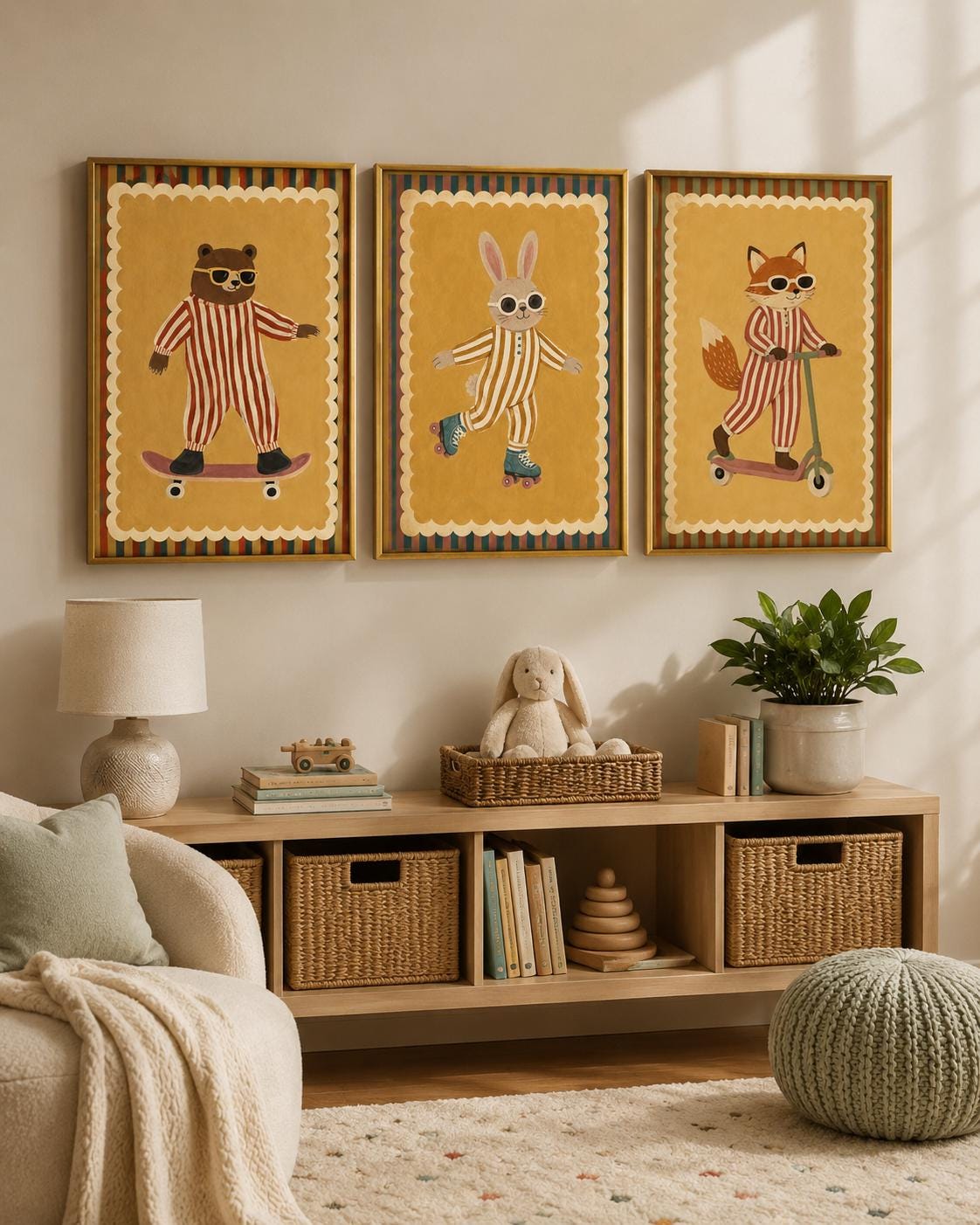 Three illustrated animal characters on skate and scooter wheels in warm mustard tones detail view