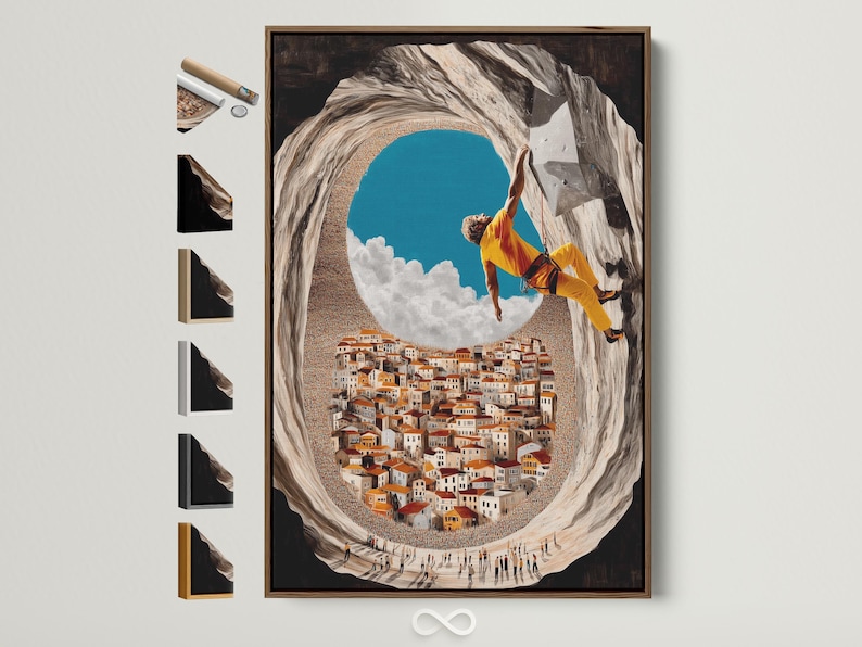 Rock climbing scene showing a yellow-clad climber on a rope through a circular cave opening over a village