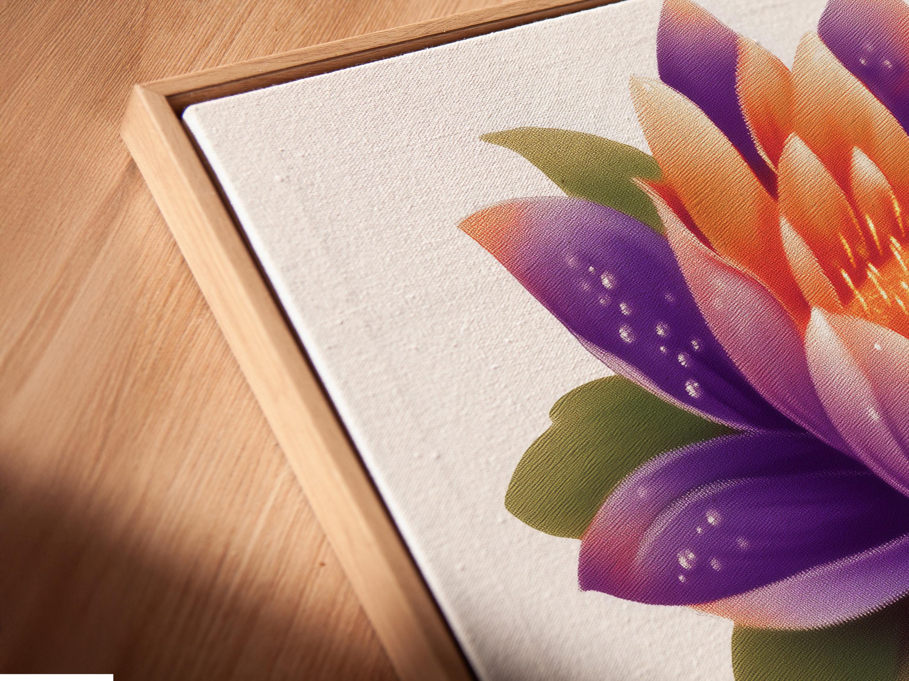Lotus flower artwork with purple and orange petals and green leaves on a white background detail view