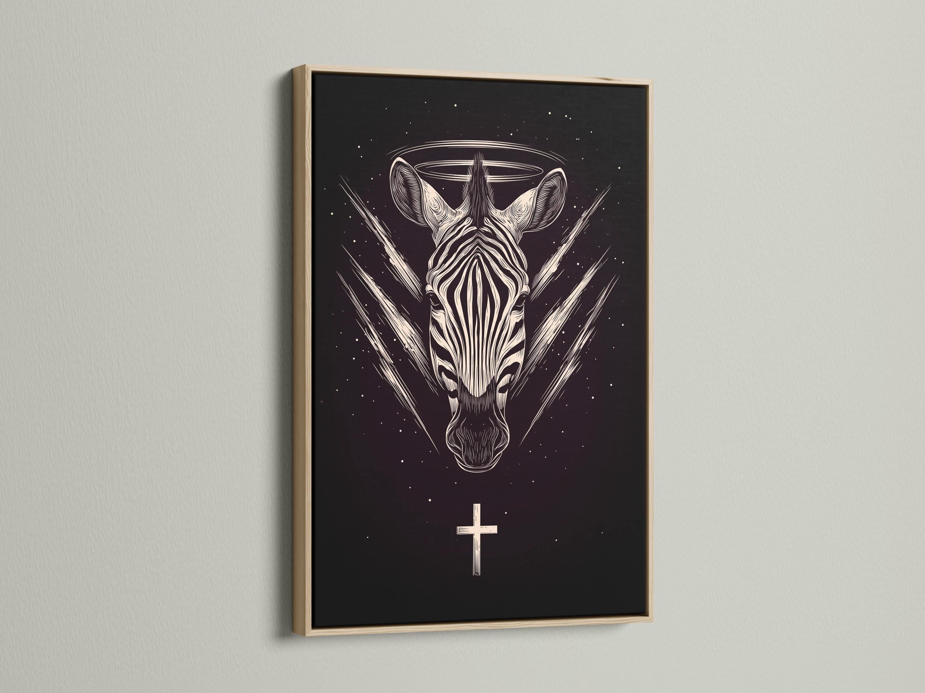 Stylised zebra head in off-white linework on a dark starry background with a halo ring and cross detail view