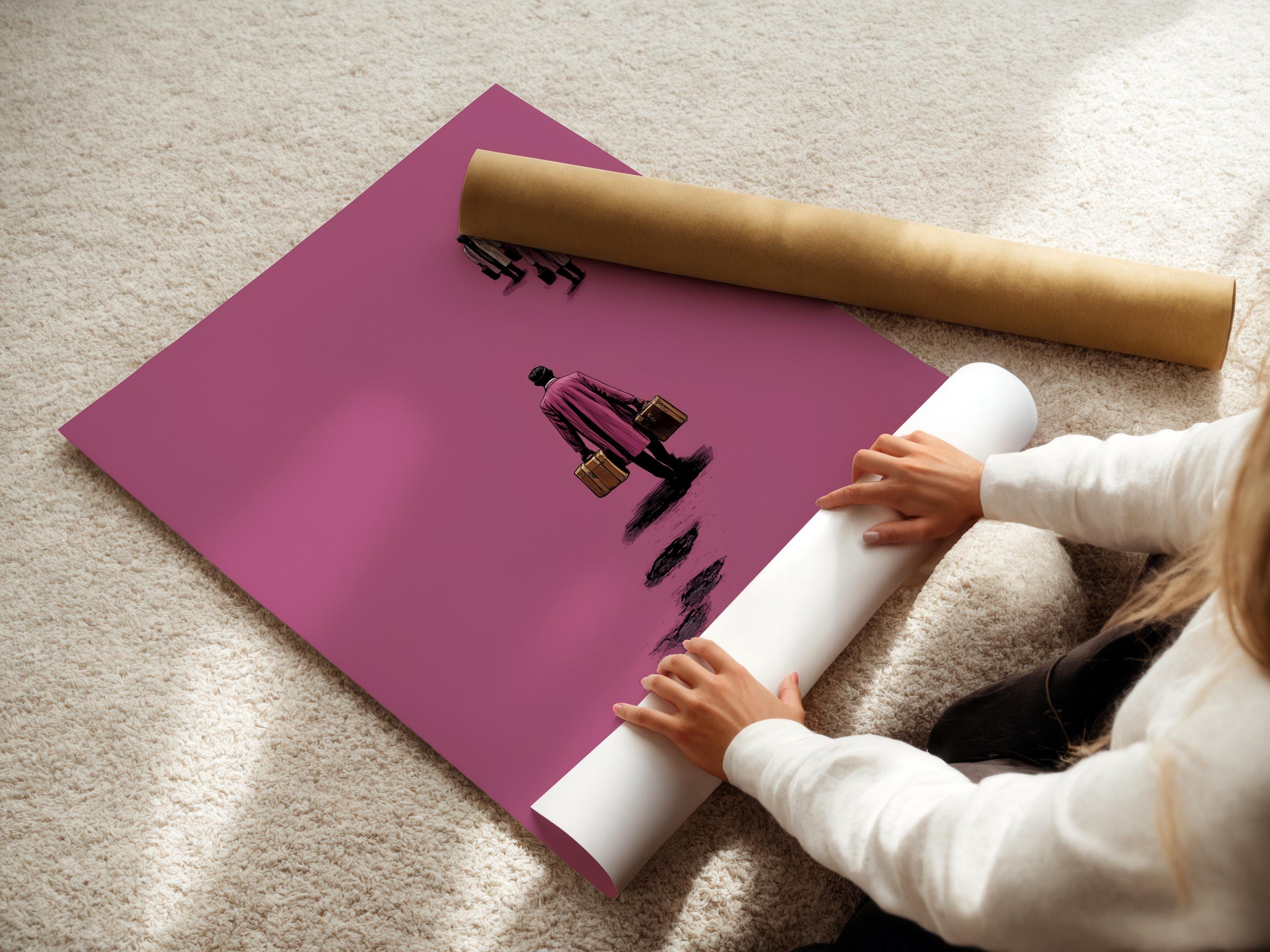 Mockup showing a framed pink minimalist traveller figure artwork on a light background