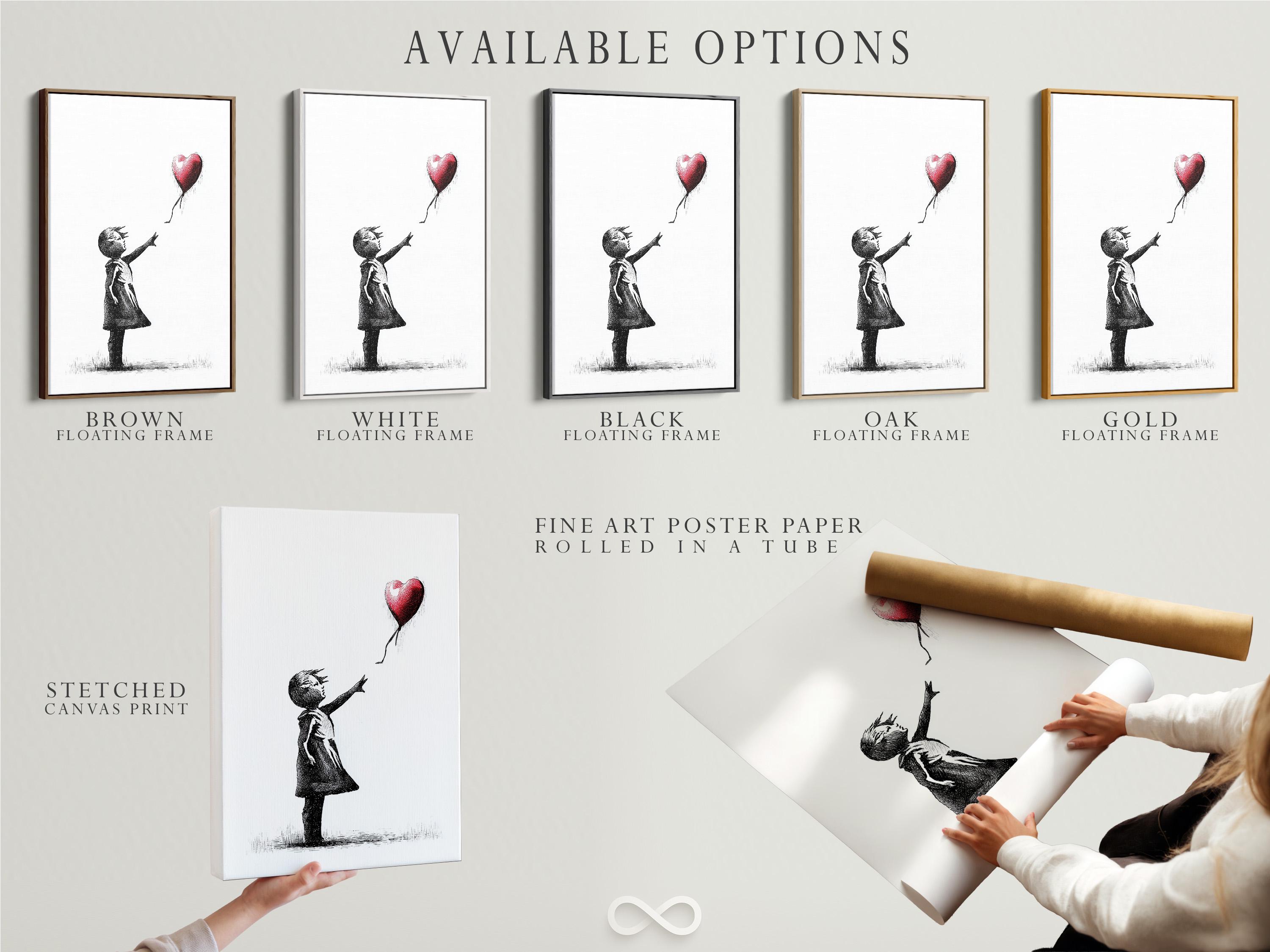 Room mockup showing a framed black and white girl sketch with a red heart balloon