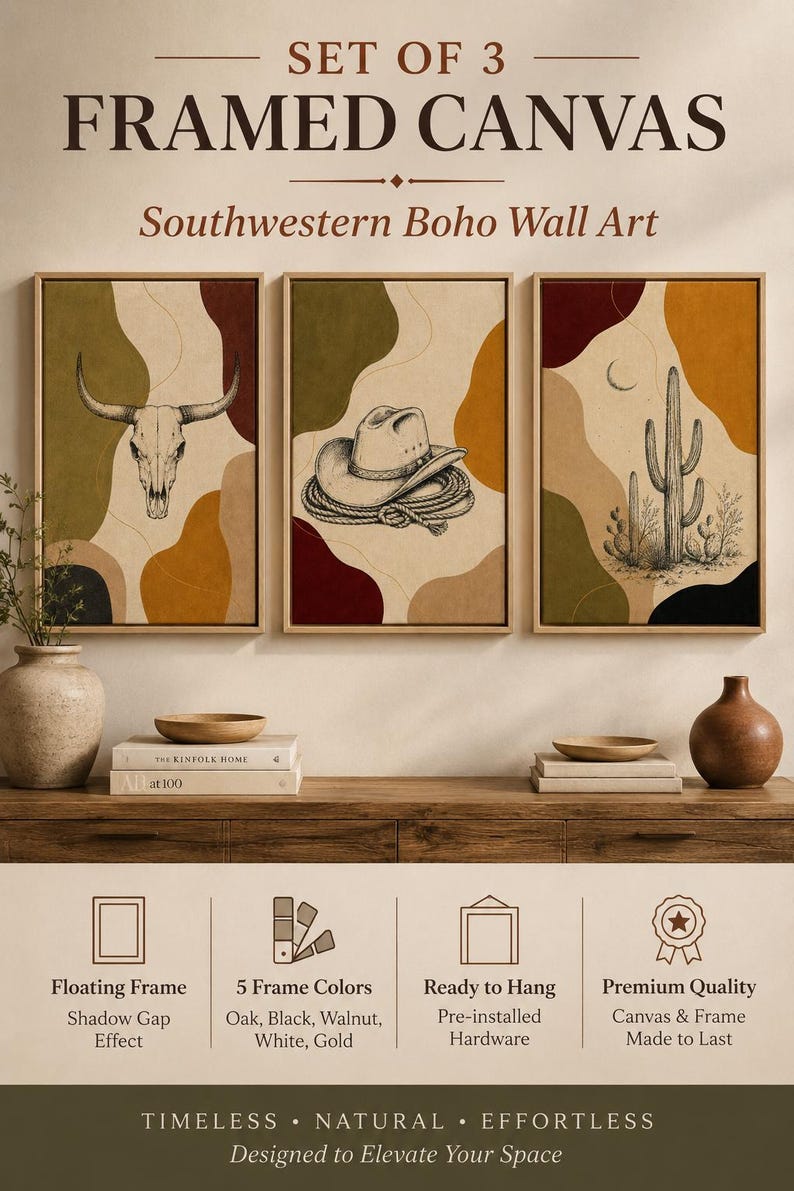 Three western-style framed panels showing a bull skull, cowboy hat with rope, and cacti with a crescent moon