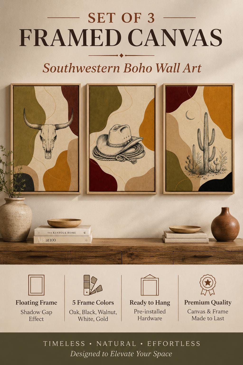 Three western-style framed panels showing a bull skull, cowboy hat with rope, and cacti with a crescent moon