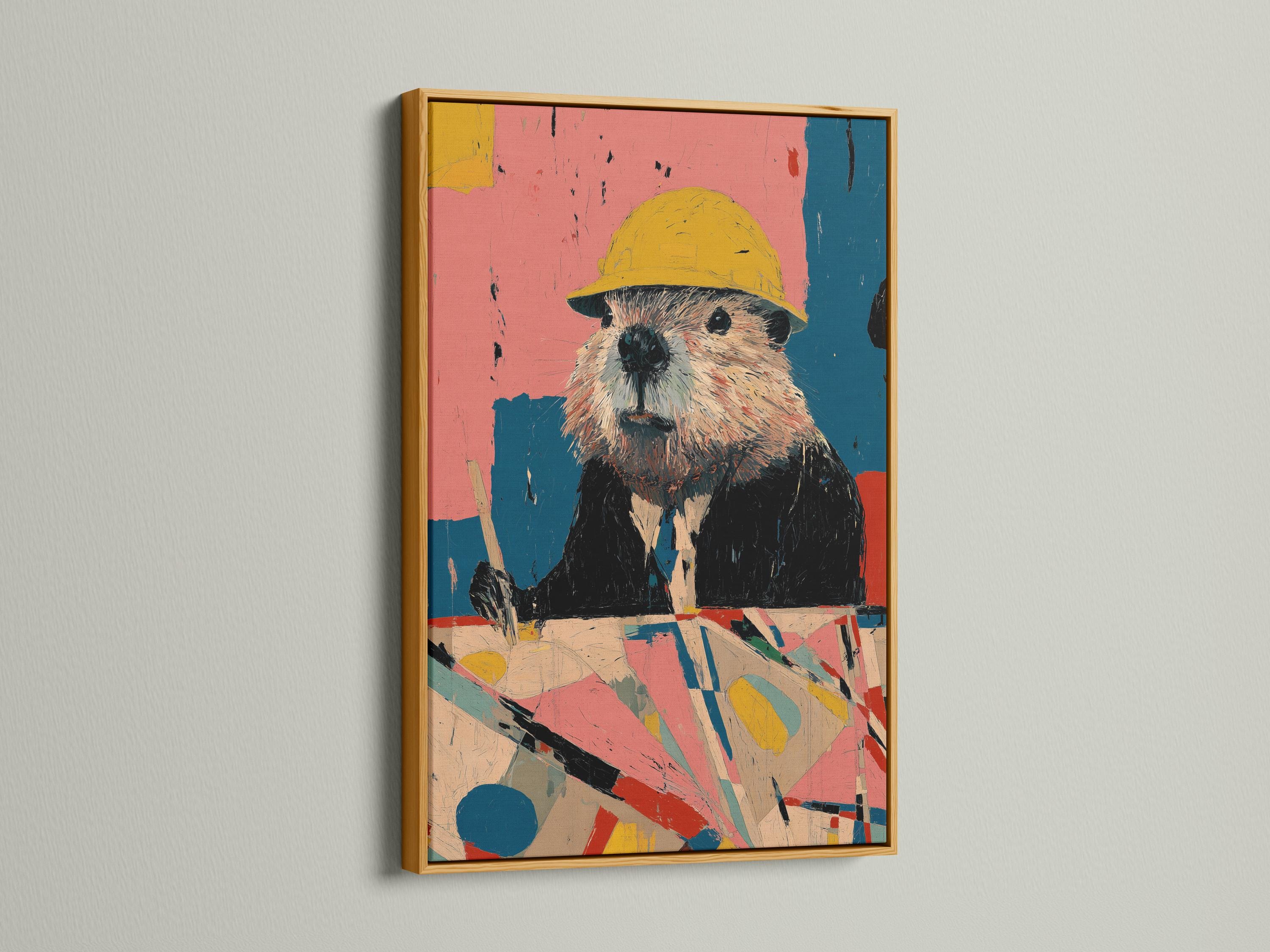 A person near a table installing a framed artwork featuring a beaver with a yellow hard hat