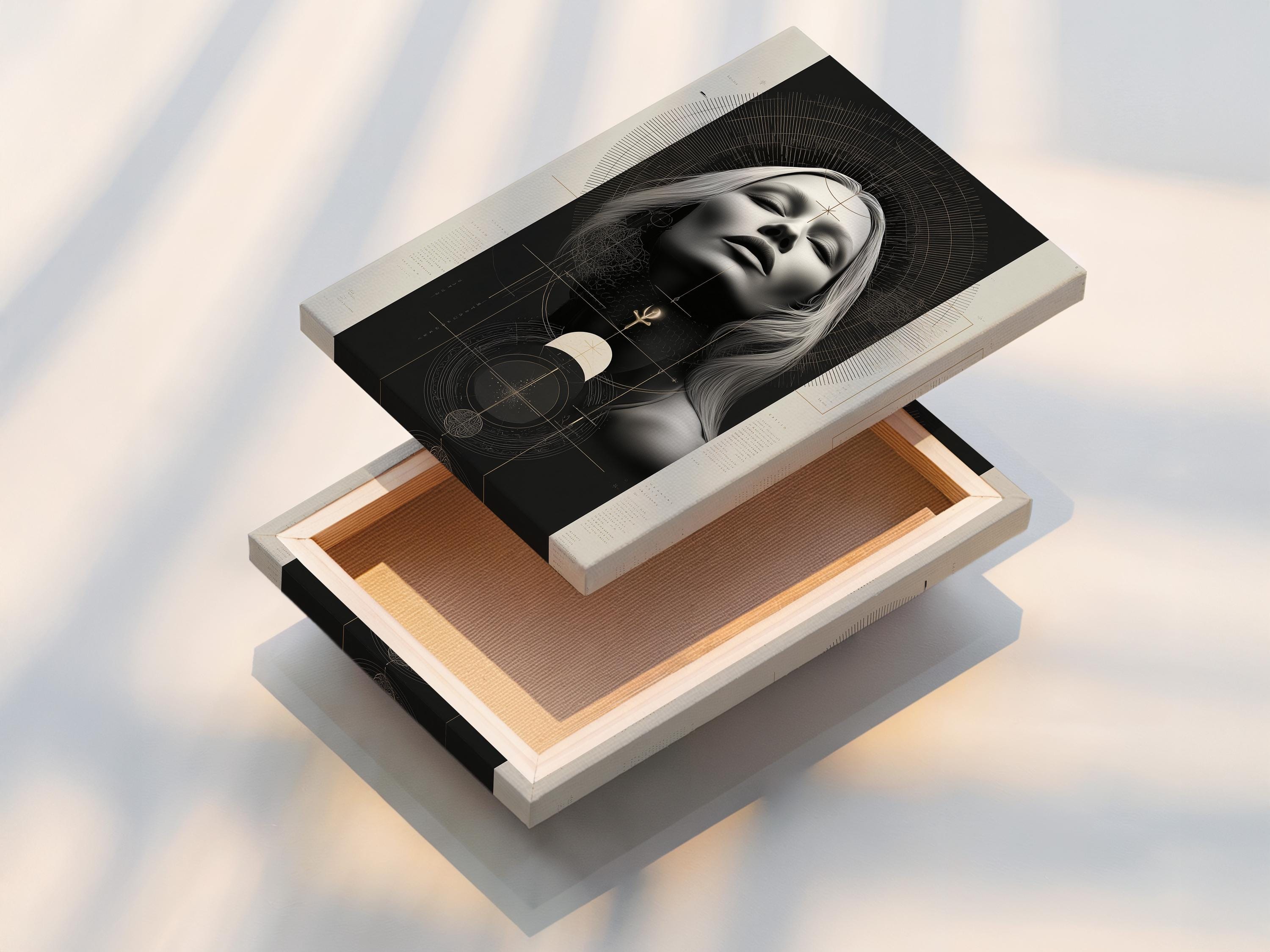 Geometric woman portrait artwork with grayscale face, arcs and black and beige tones plus small gold symbols detail view