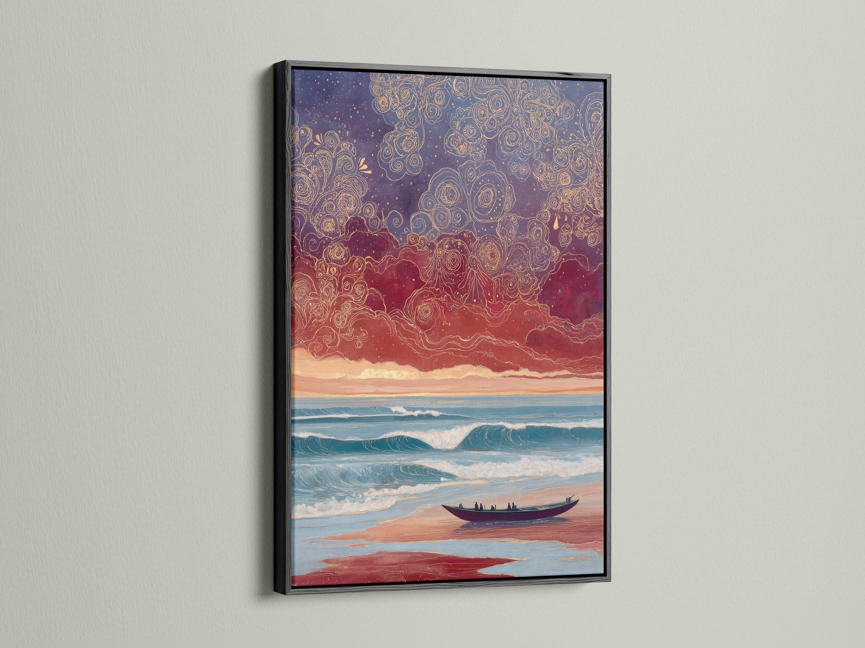 Stylised sunset seascape with teal waves, a sandy beach, a dark boat, and swirling gold rose linework in the purple sky detail view