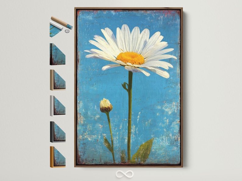 White daisy flower on a distressed blue background with green stems and leaves