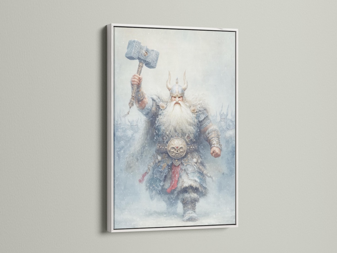 Misty Norse-style warrior holding a raised hammer in blue-grey tones with muted red accents detail view
