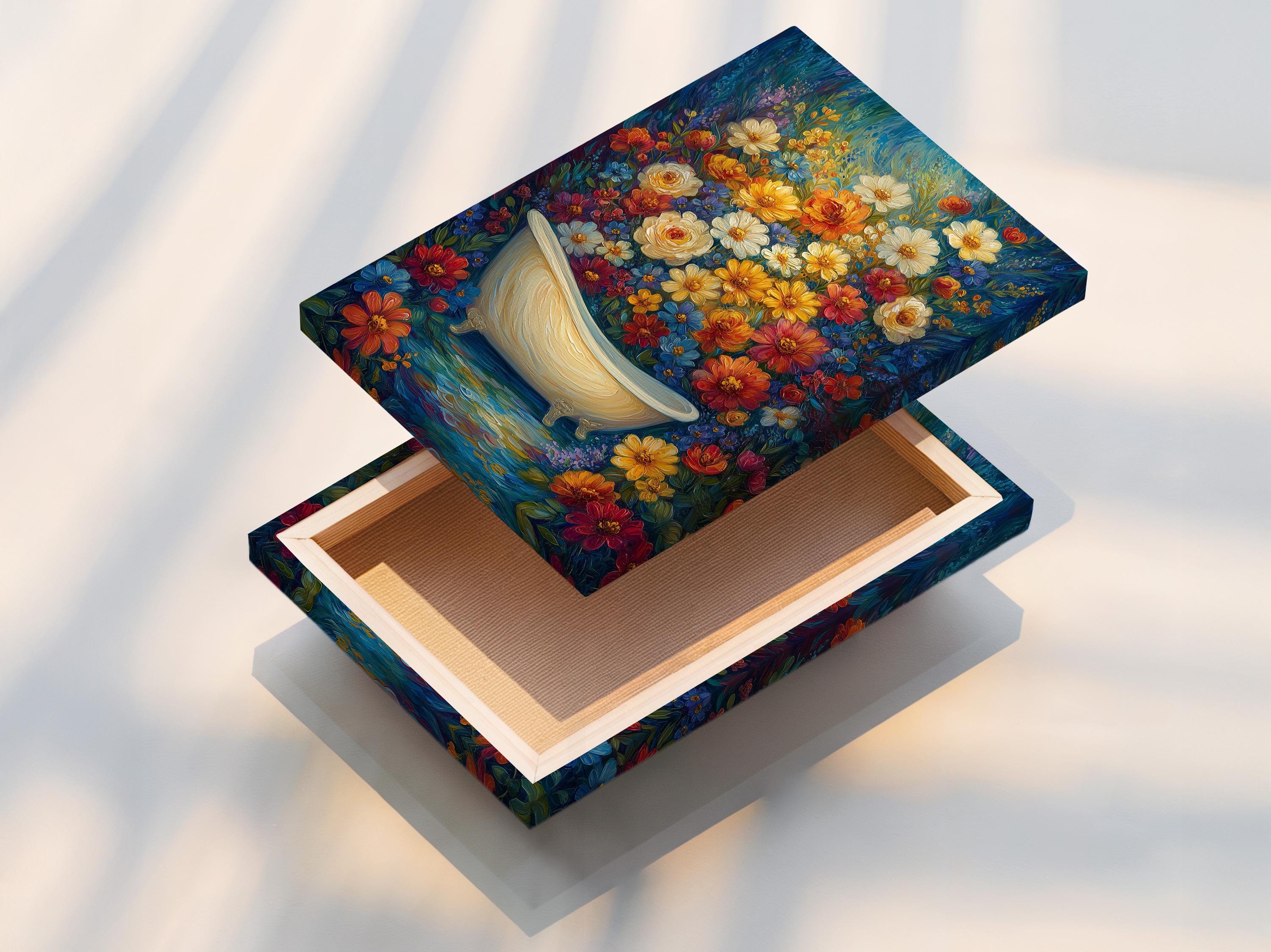 Bathroom wall mockup showing floral bathtub wall art