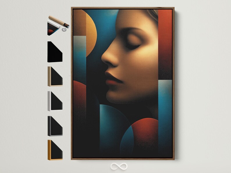 Abstract woman portrait profile in teal, bronze and burnt red-orange with textured shading