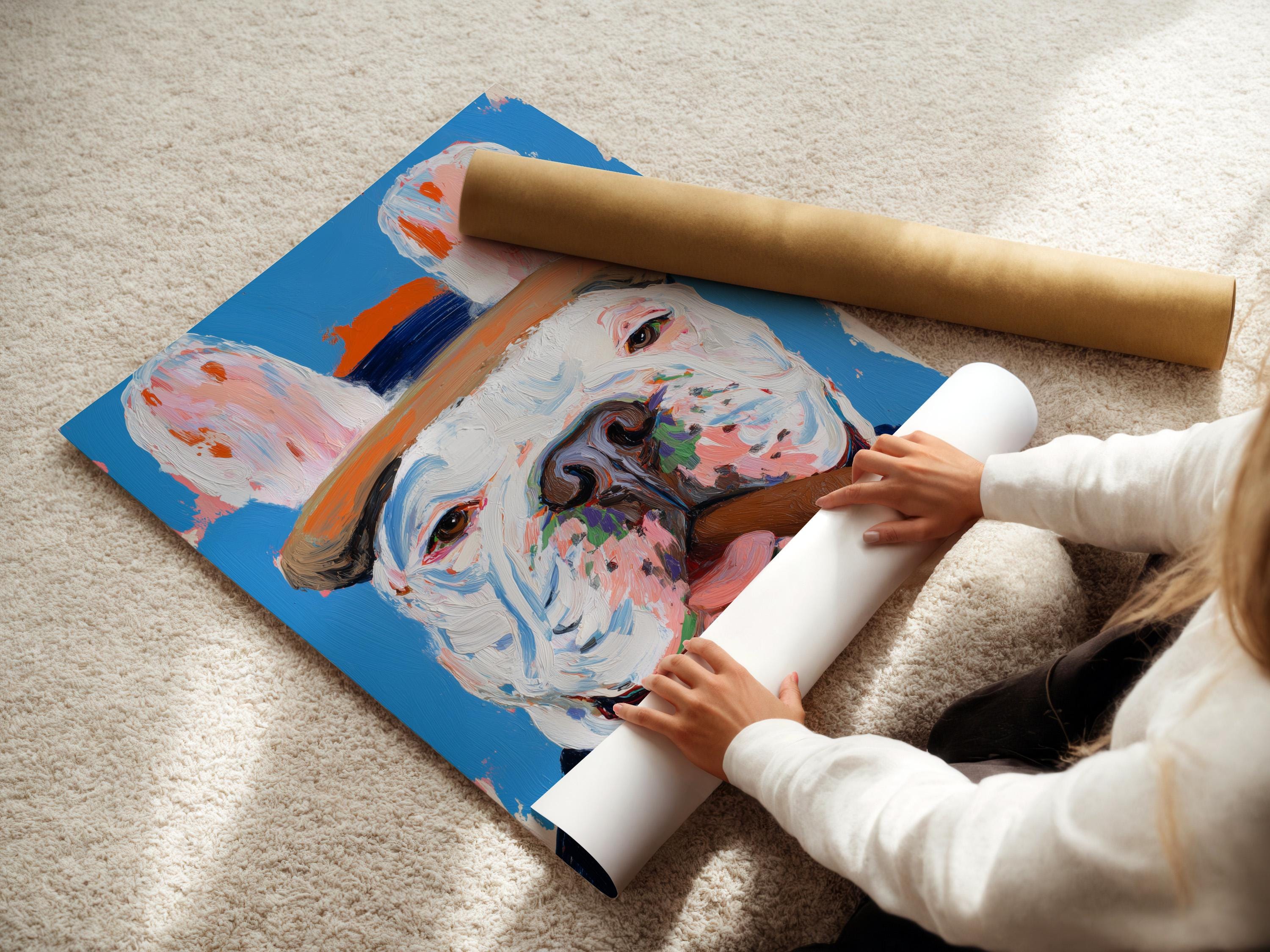Painterly bulldog portrait with a cigar against a bright blue background detail view