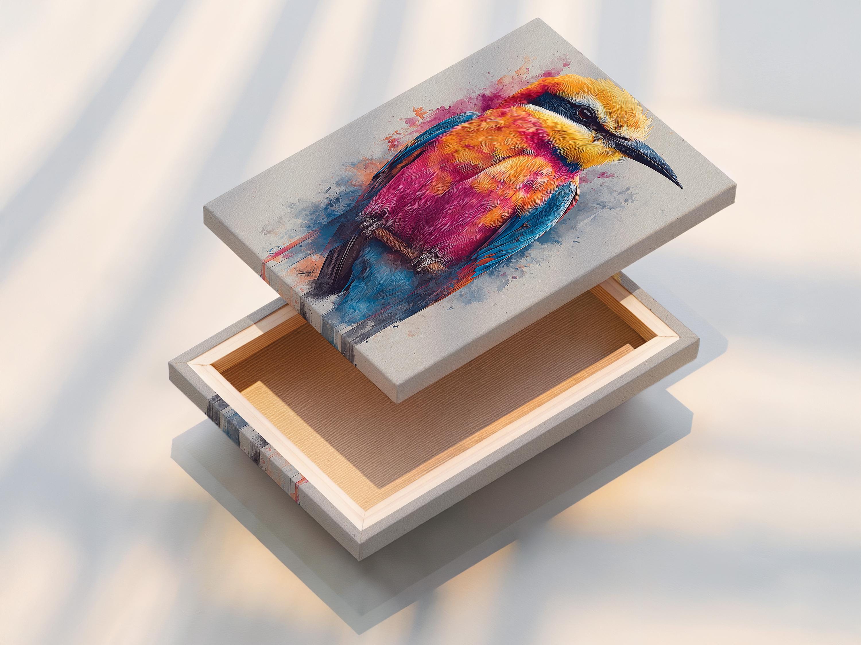 Colourful stylised bird in orange, pink and turquoise with splatter washes on a light background detail view