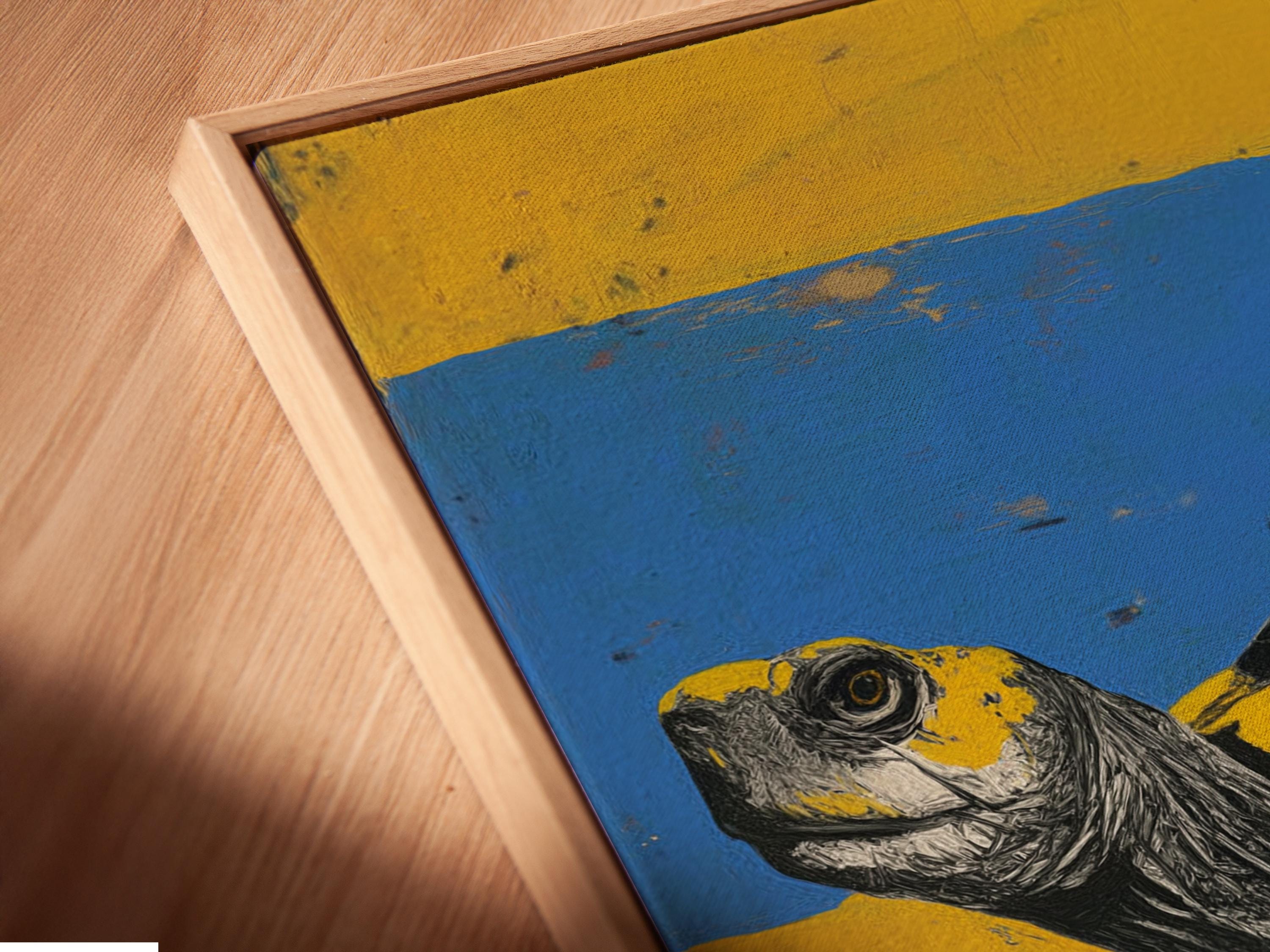 Stylised turtle wearing red sneakers on a road, with blue sky and yellow horizon detail view