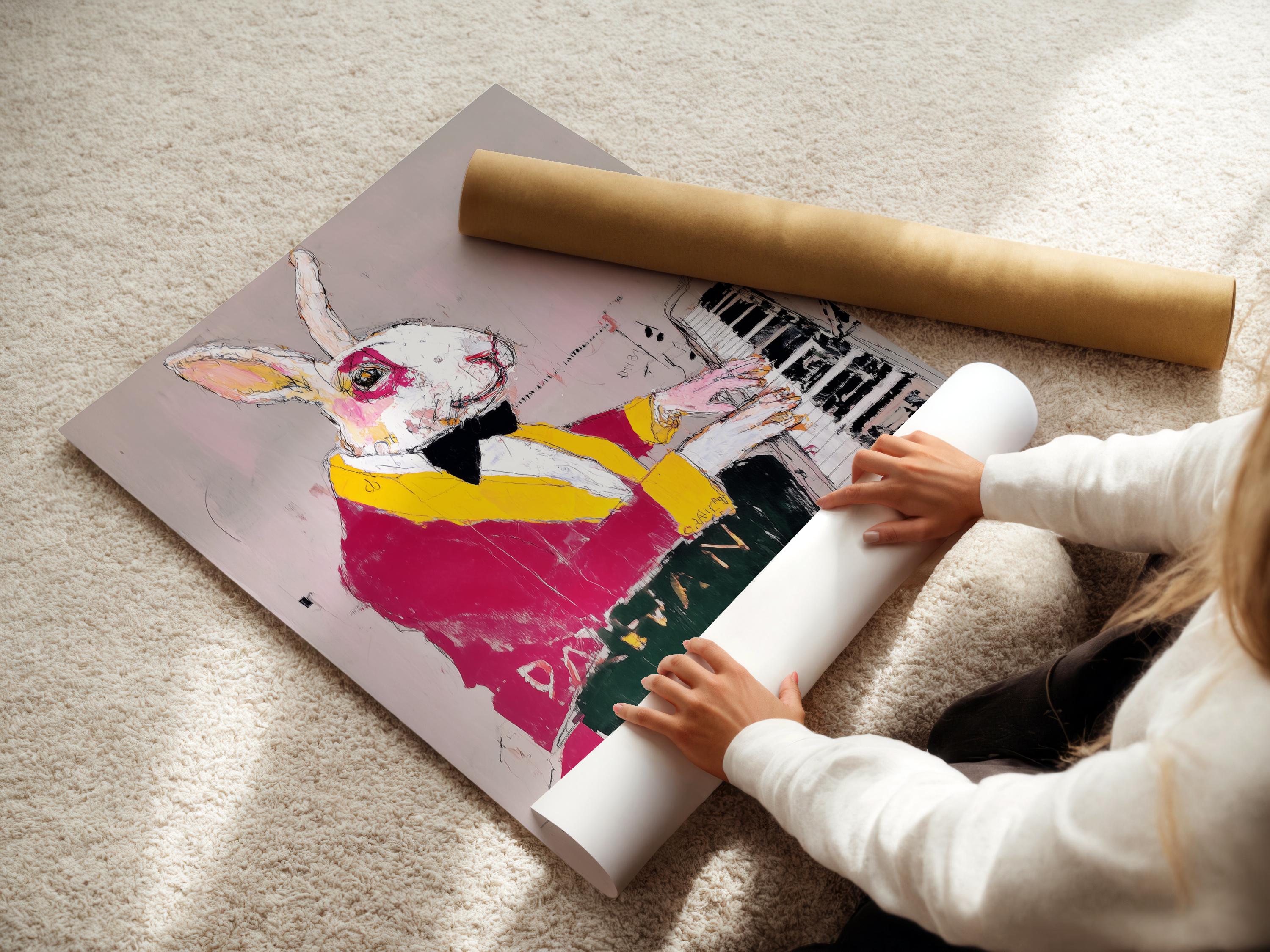 Rabbit playing piano with magenta and yellow jacket on a blush pink background detail view