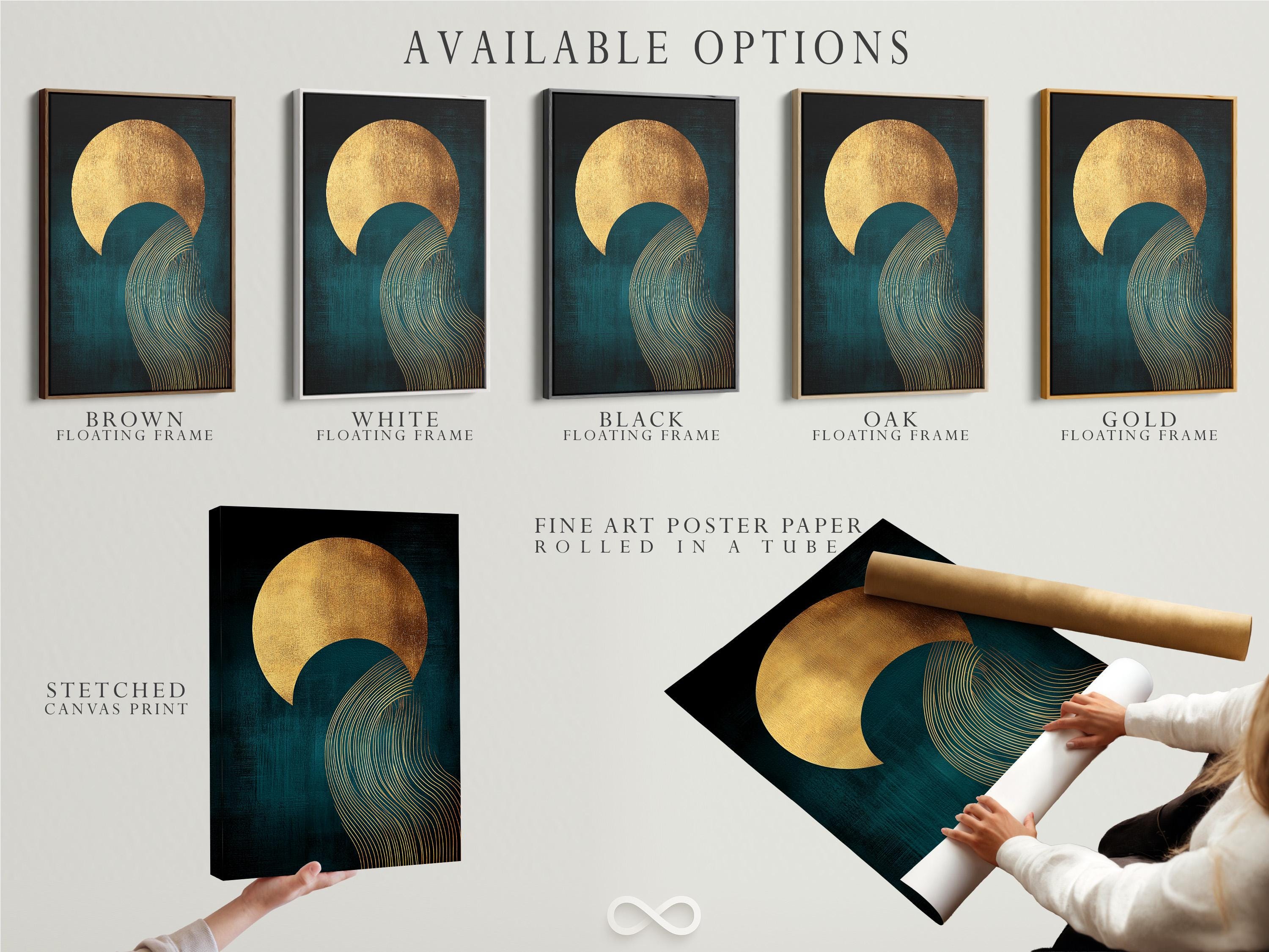 Abstract teal and gold artwork with a large sun-like circle and curved wave line pattern detail view