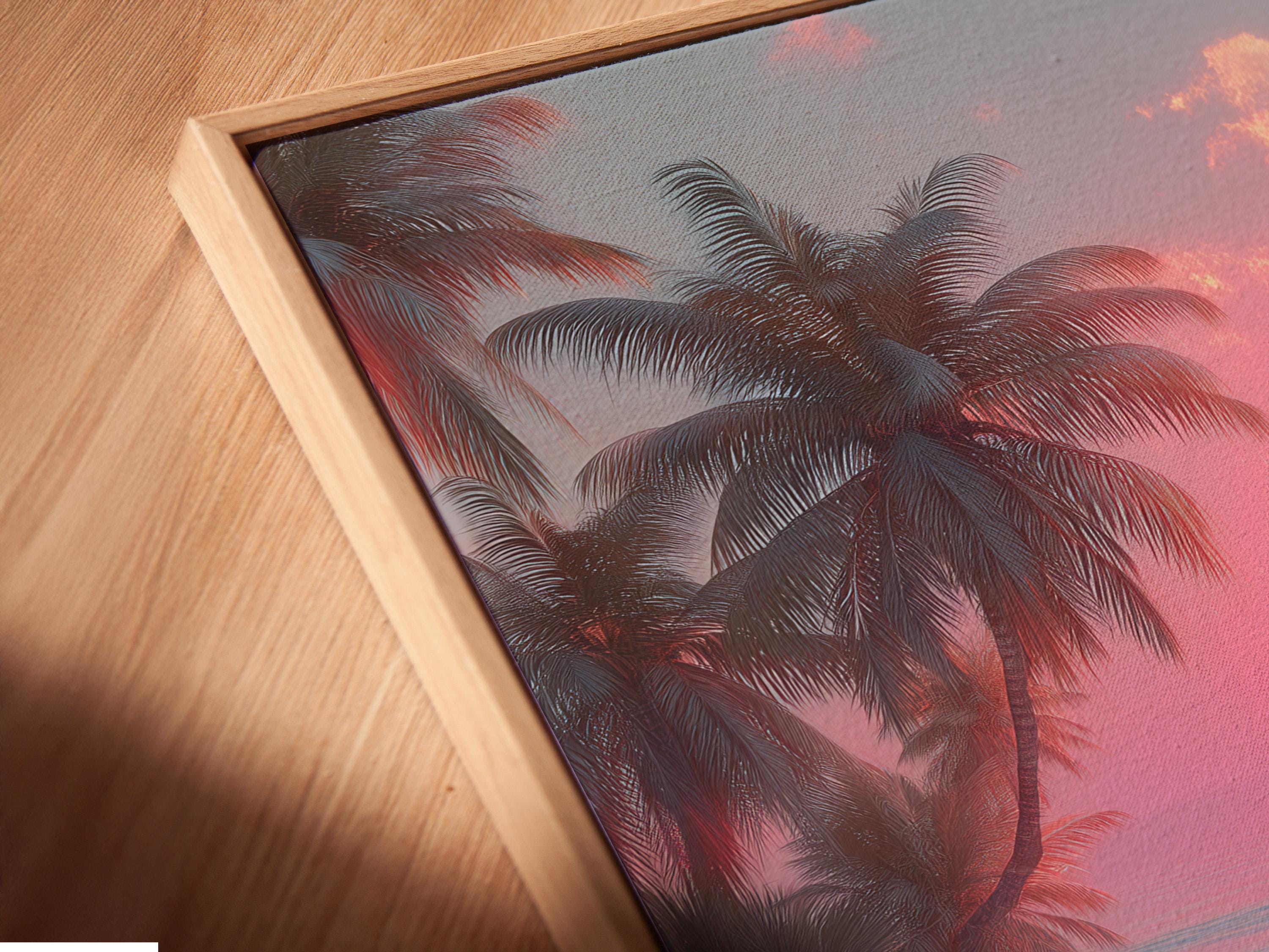 A framed tropical seascape shows a bright yellow sun over pink and turquoise water, with palm silhouettes and glowing reflections detail view
