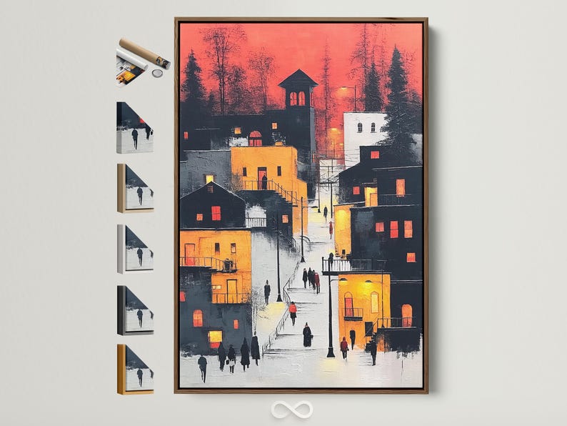 Painterly urban street scene with red sky, grey buildings, warm amber highlights and small walking figures