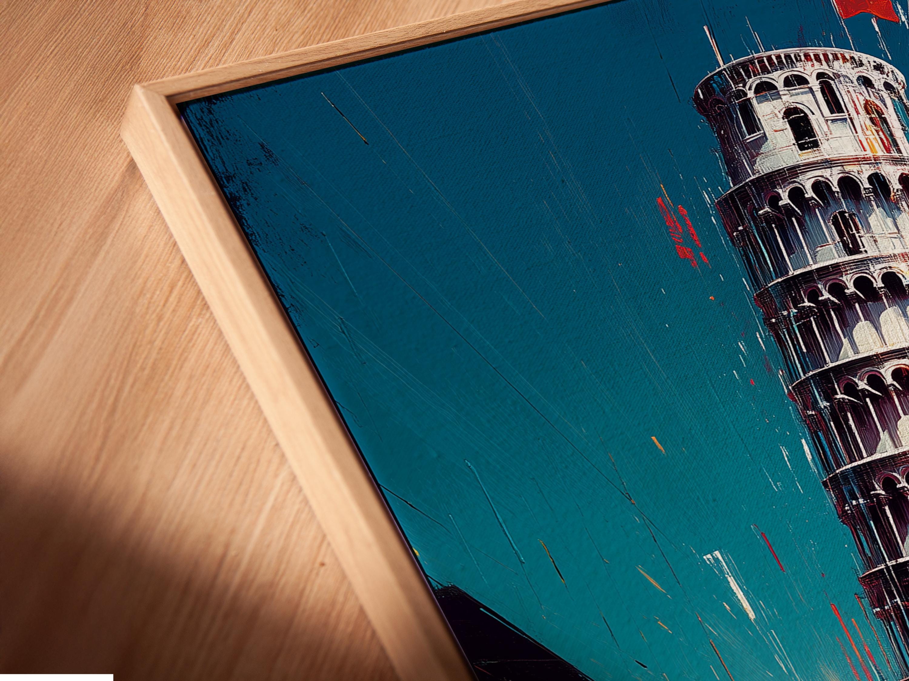 Stylised leaning tower above a teal sky with red, orange and yellow streaked city street detail view