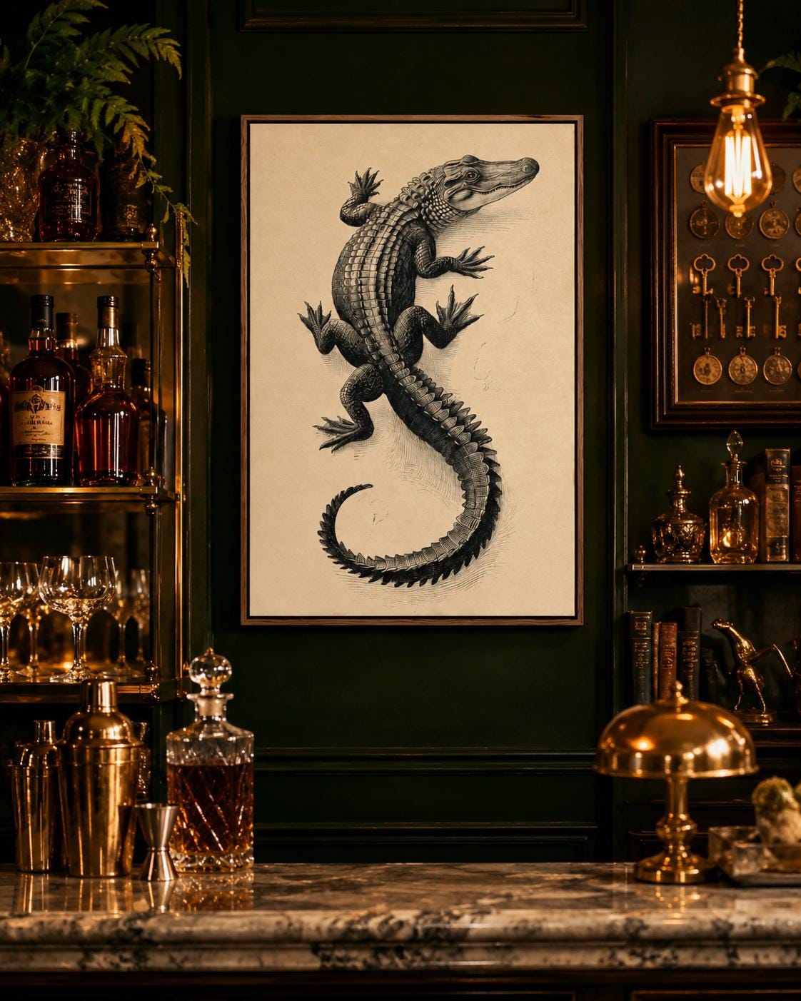 Room mockup showing framed alligator illustration above a wooden desk
