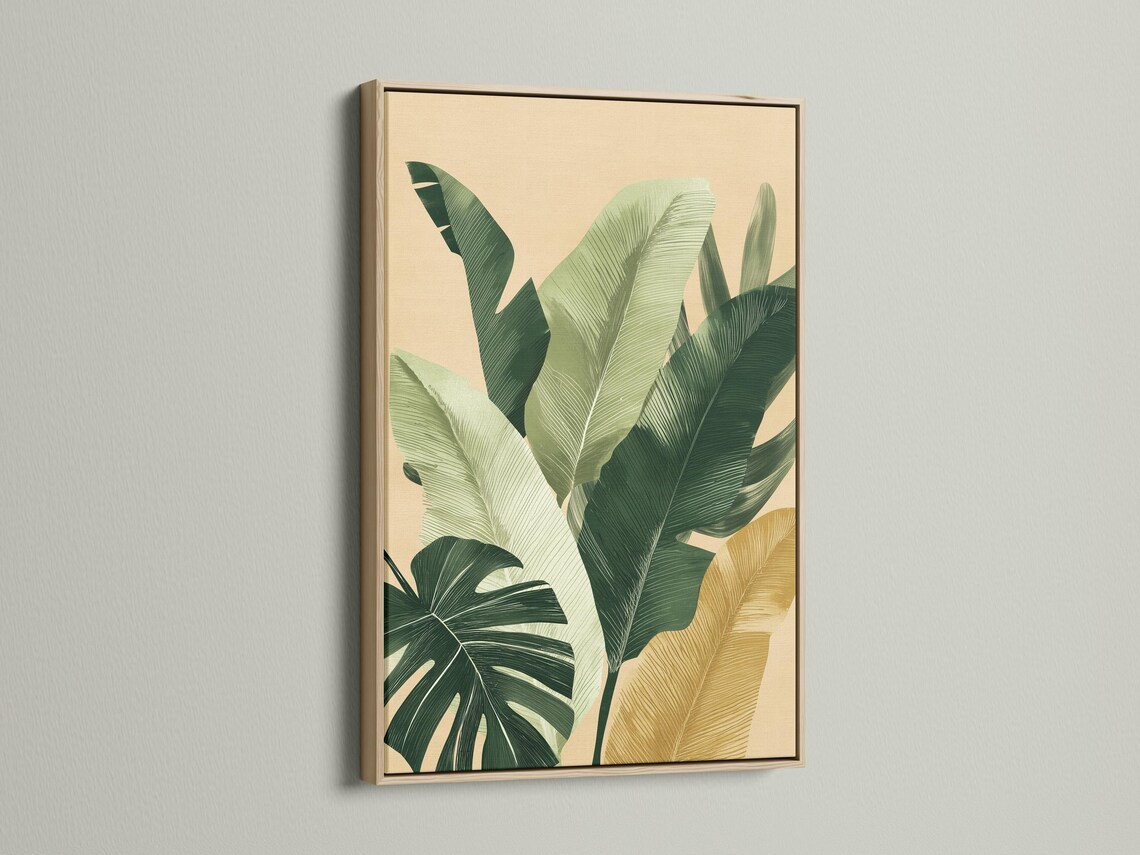Botanical leaf artwork shown on a framed wall display with additional product views around it