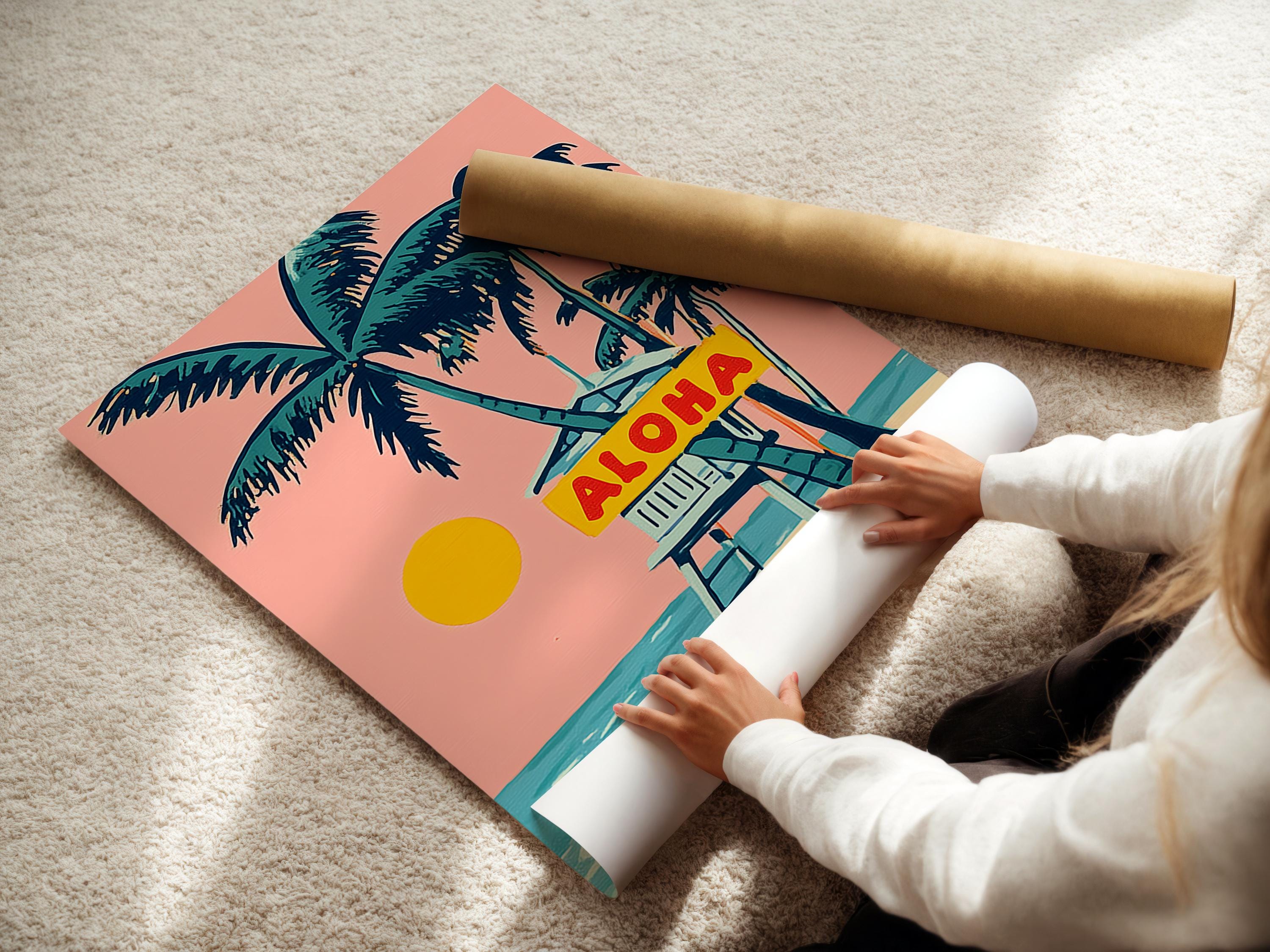 Retro tropical beach artwork with a palm tree, deck chair, ocean waves and ALOHA sign detail view