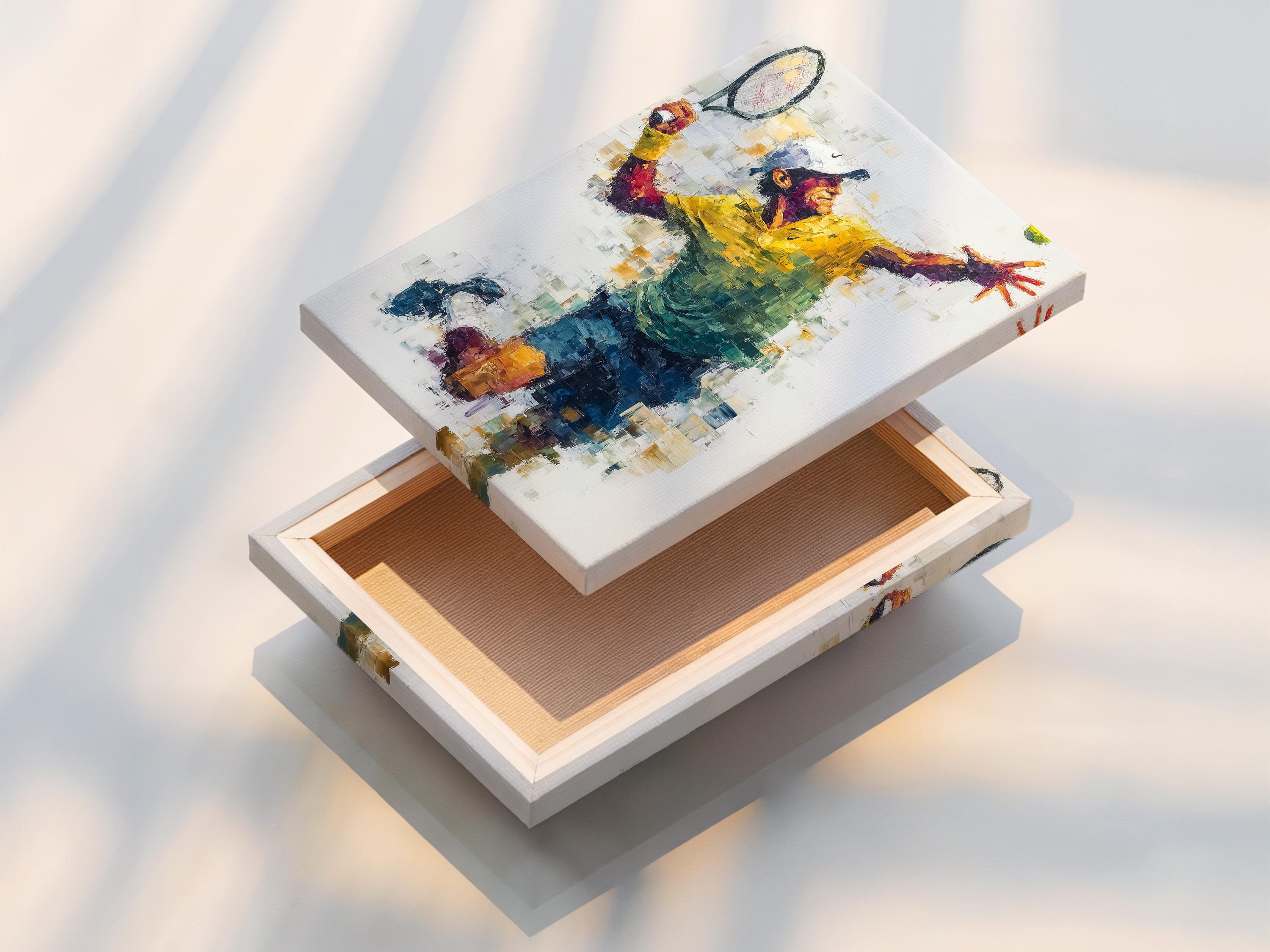 Room mockup showing framed abstract tennis player artwork with yellow, blue and teal colour blocks