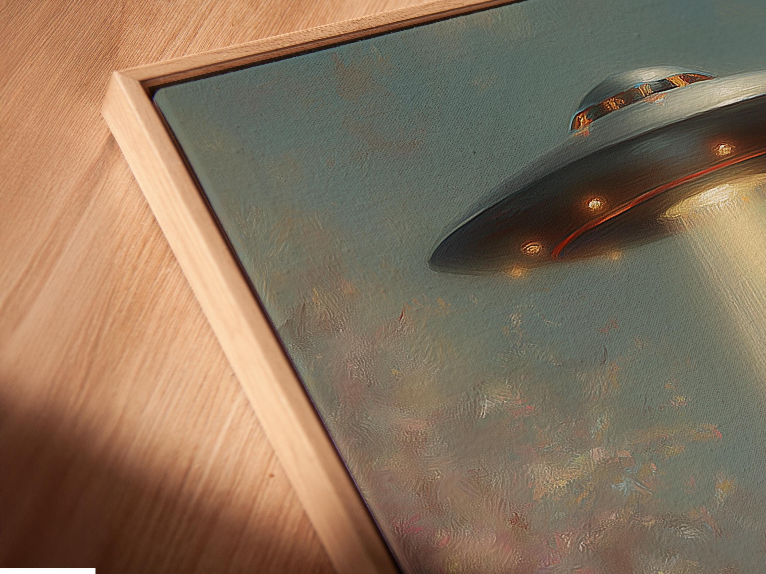Surreal night scene of a floating white cat under a glowing UFO beam, with misty clouds and bird silhouettes detail view