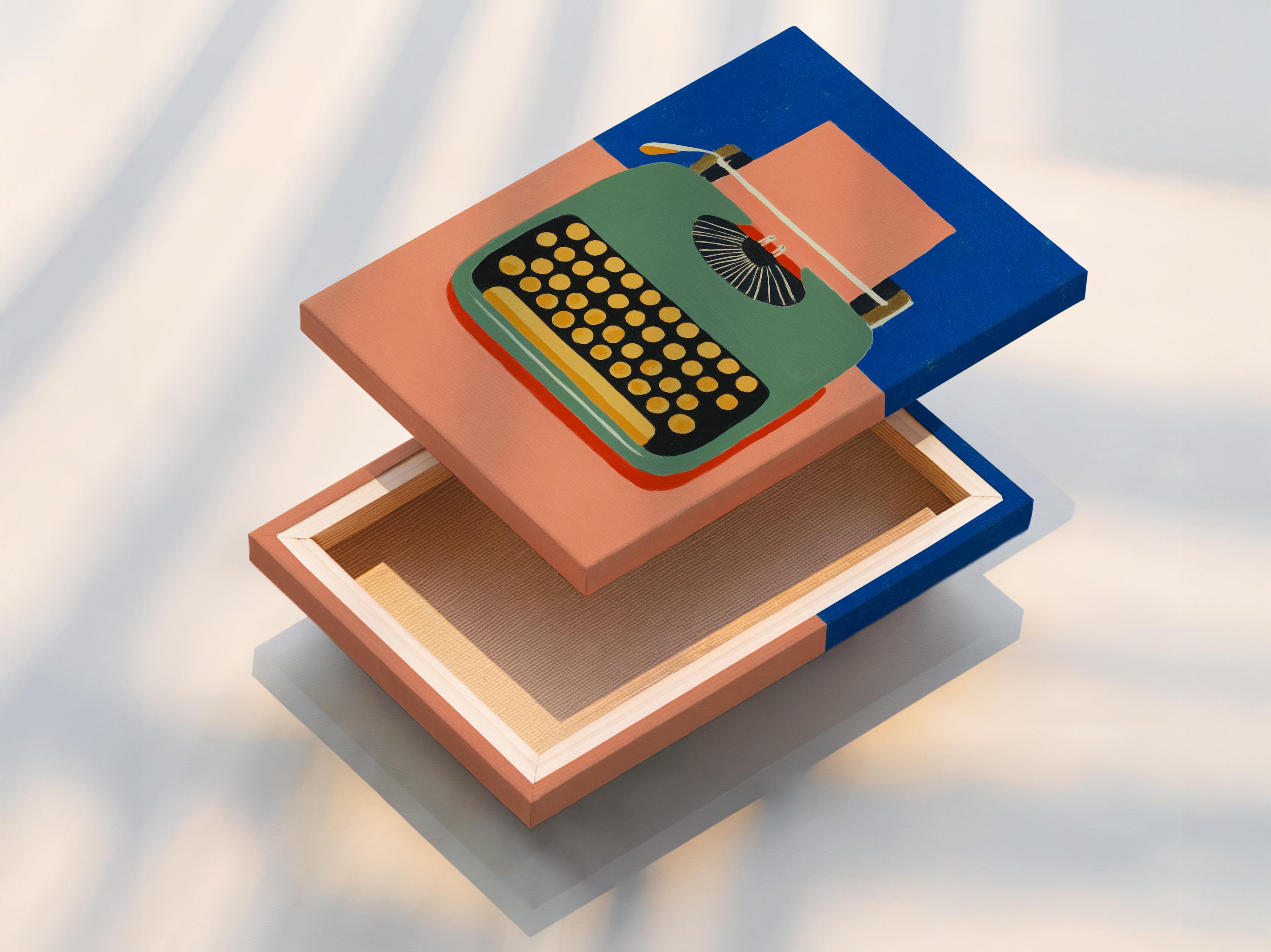 Stylised typewriter illustration with blue background, peach and green body, and gold dot keyboard detail view