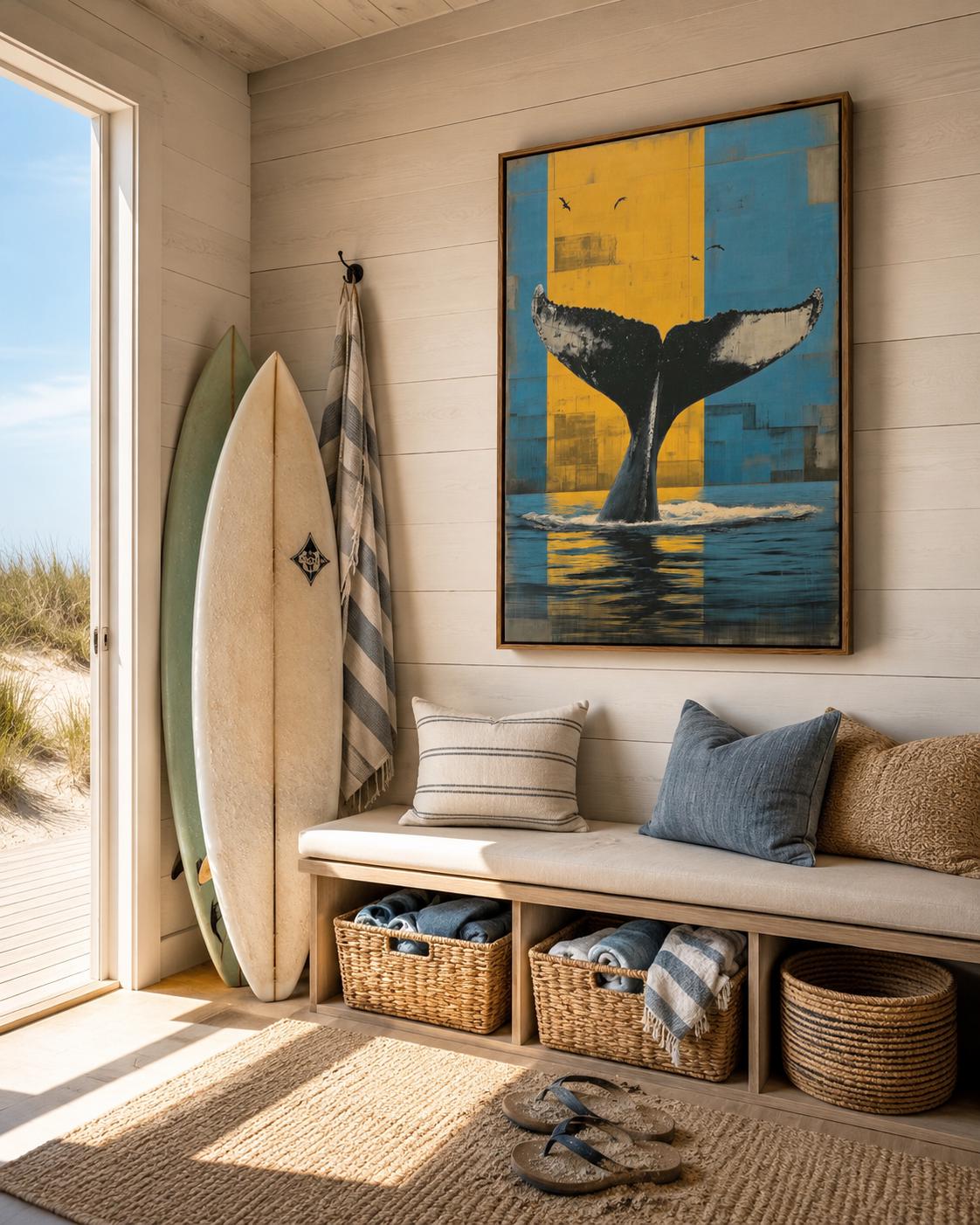 Room mockup showing framed whale tail ocean artwork above a sofa by windows