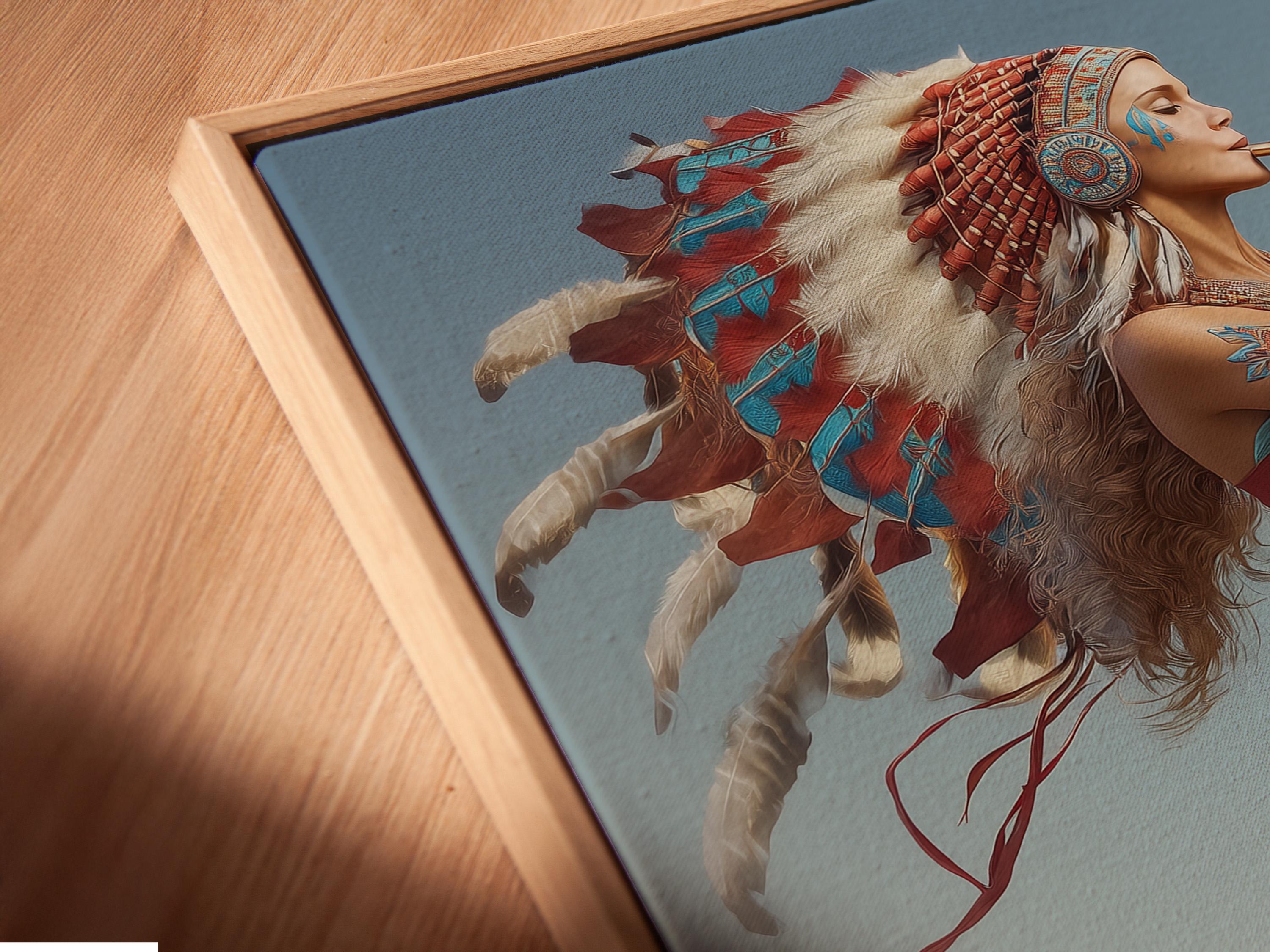A flute-playing woman with a feather headdress beside a white wolf against a blue sky with clouds detail view