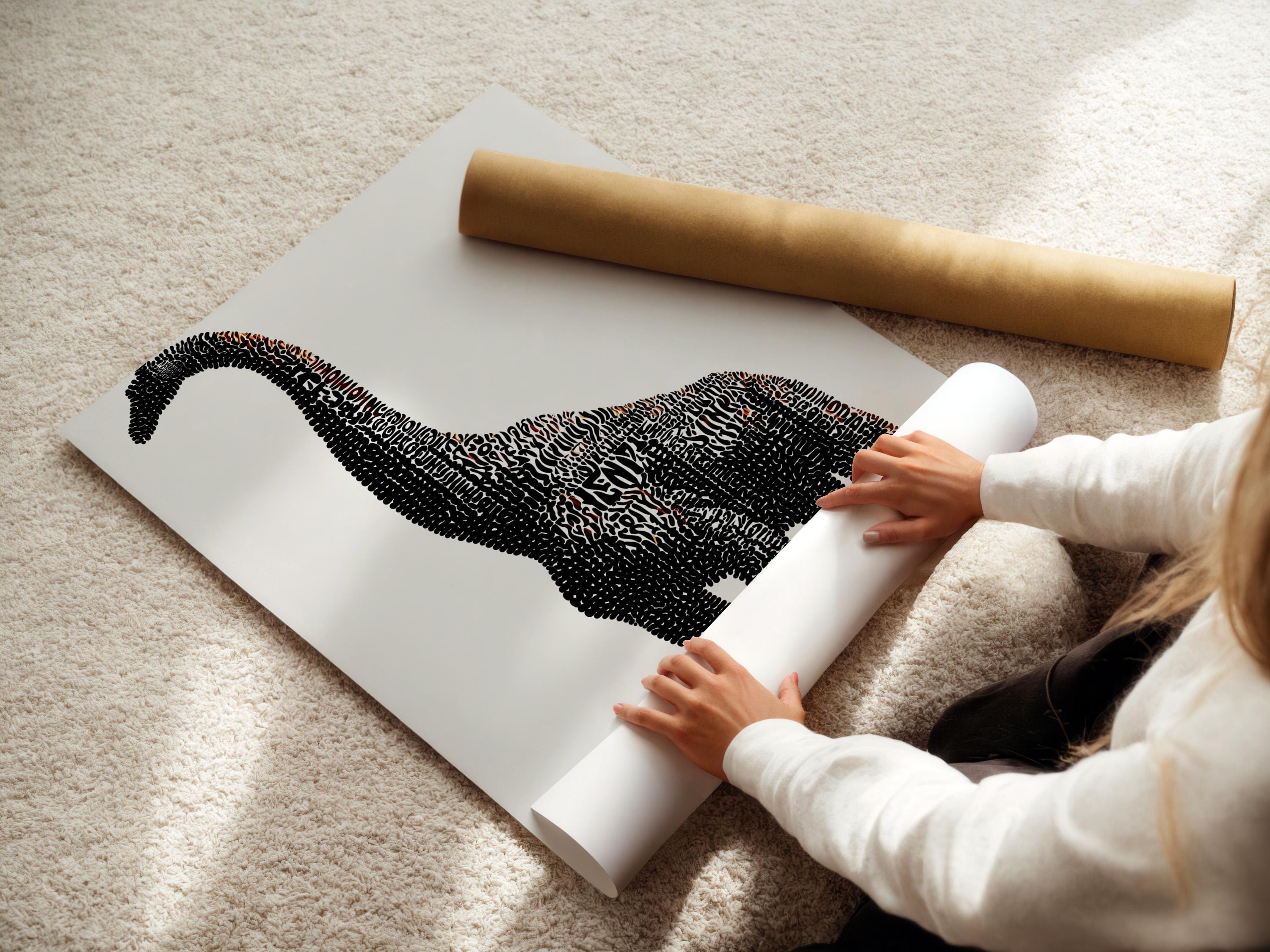 Brontosaurus silhouette made of dense black dots with small terracotta accents on a light background detail view