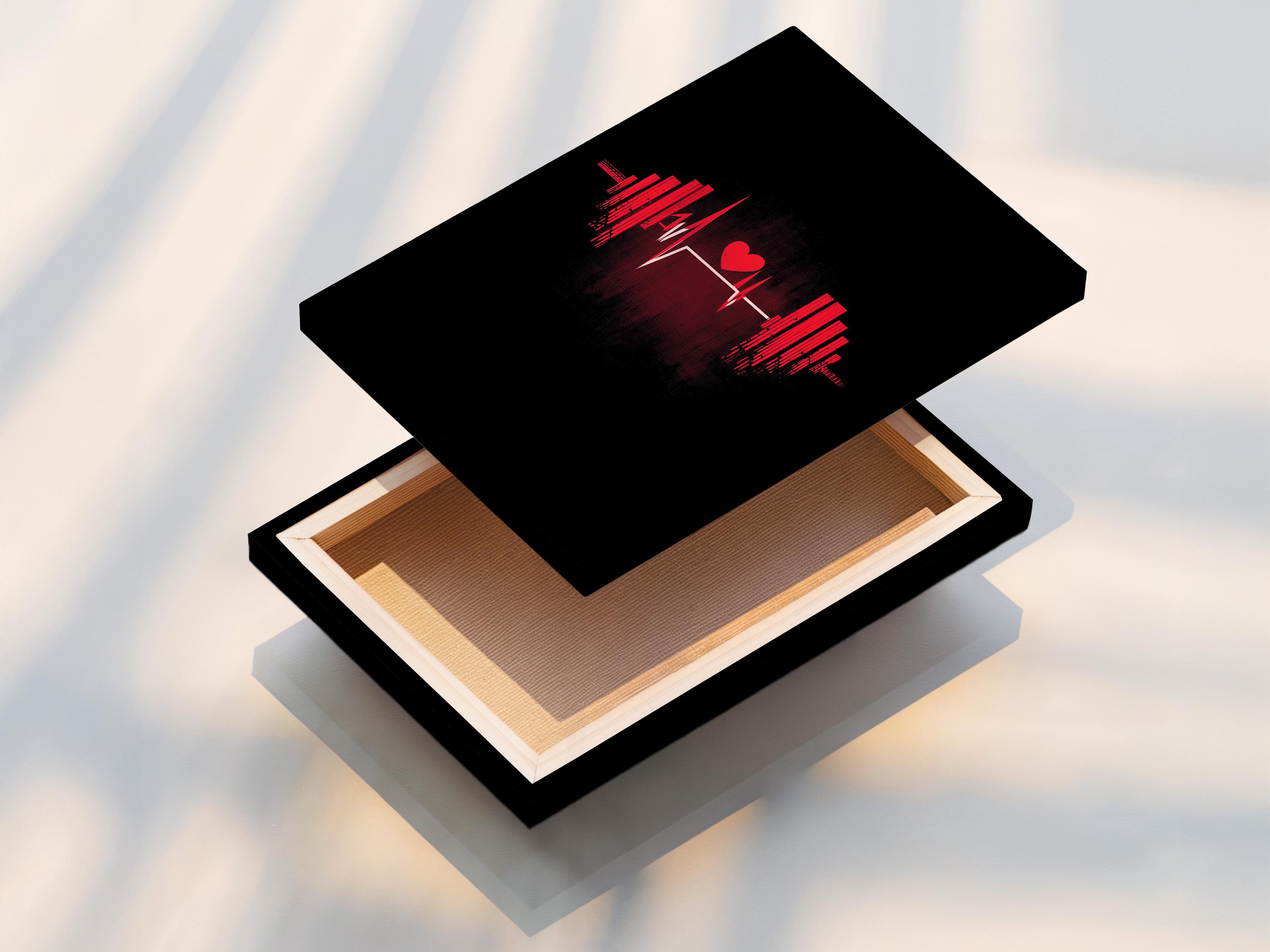 Black fitness graphic with a red heart icon, pulse waveform line and symmetrical vertical bars detail view