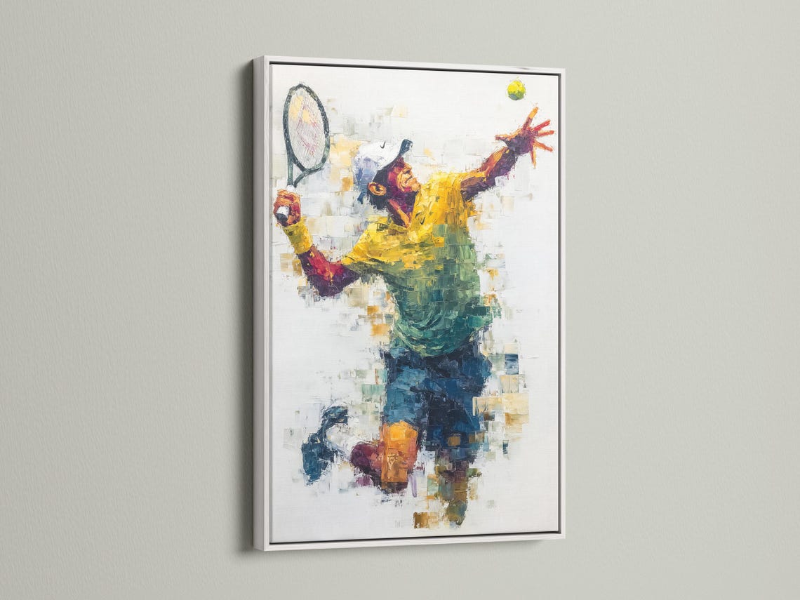 Room mockup showing framed abstract tennis player artwork with yellow, blue and teal colour blocks