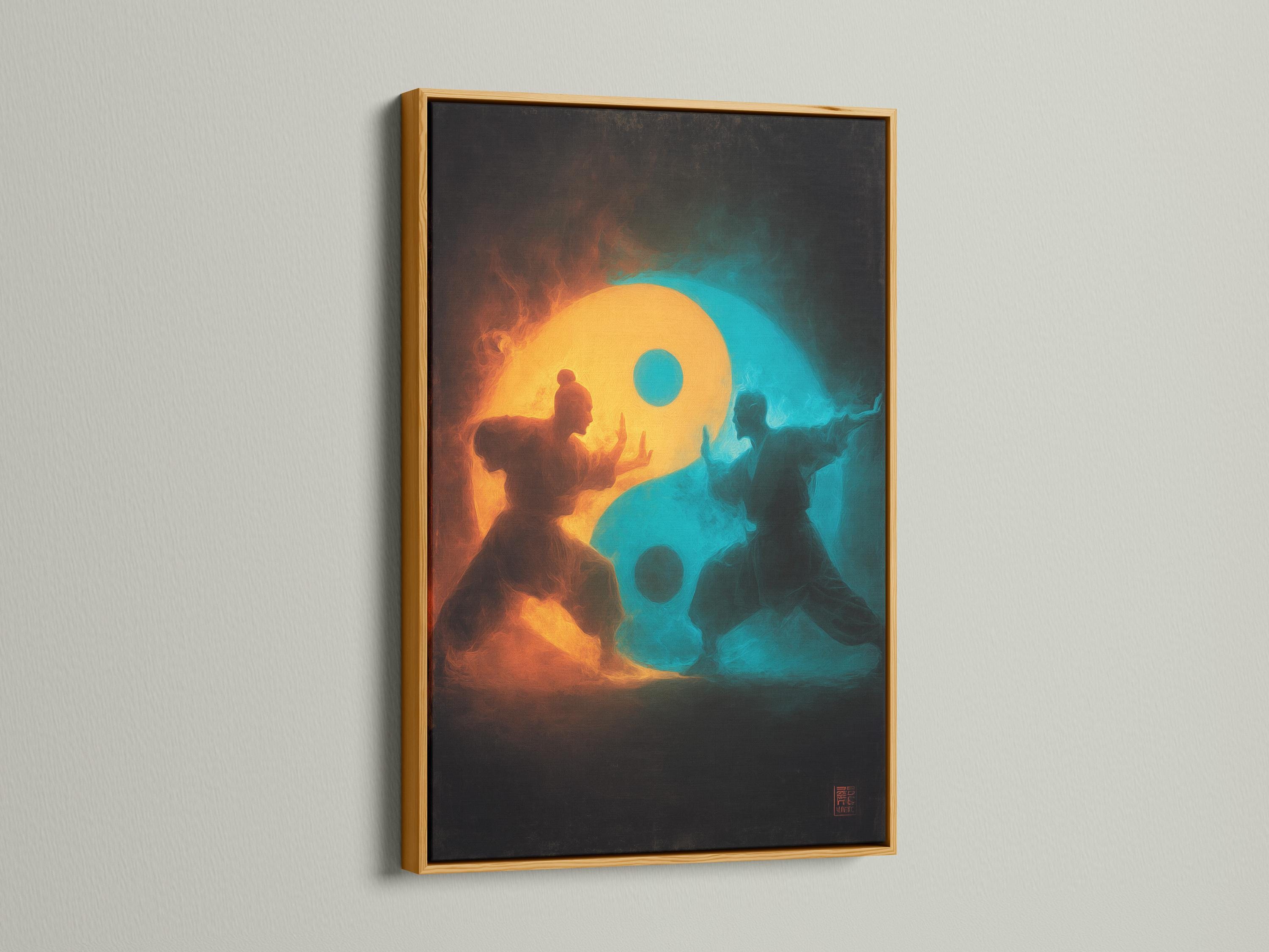 A dark painterly martial-arts figure stands in silhouette within a glowing yin-yang inspired split of orange and teal mist detail view