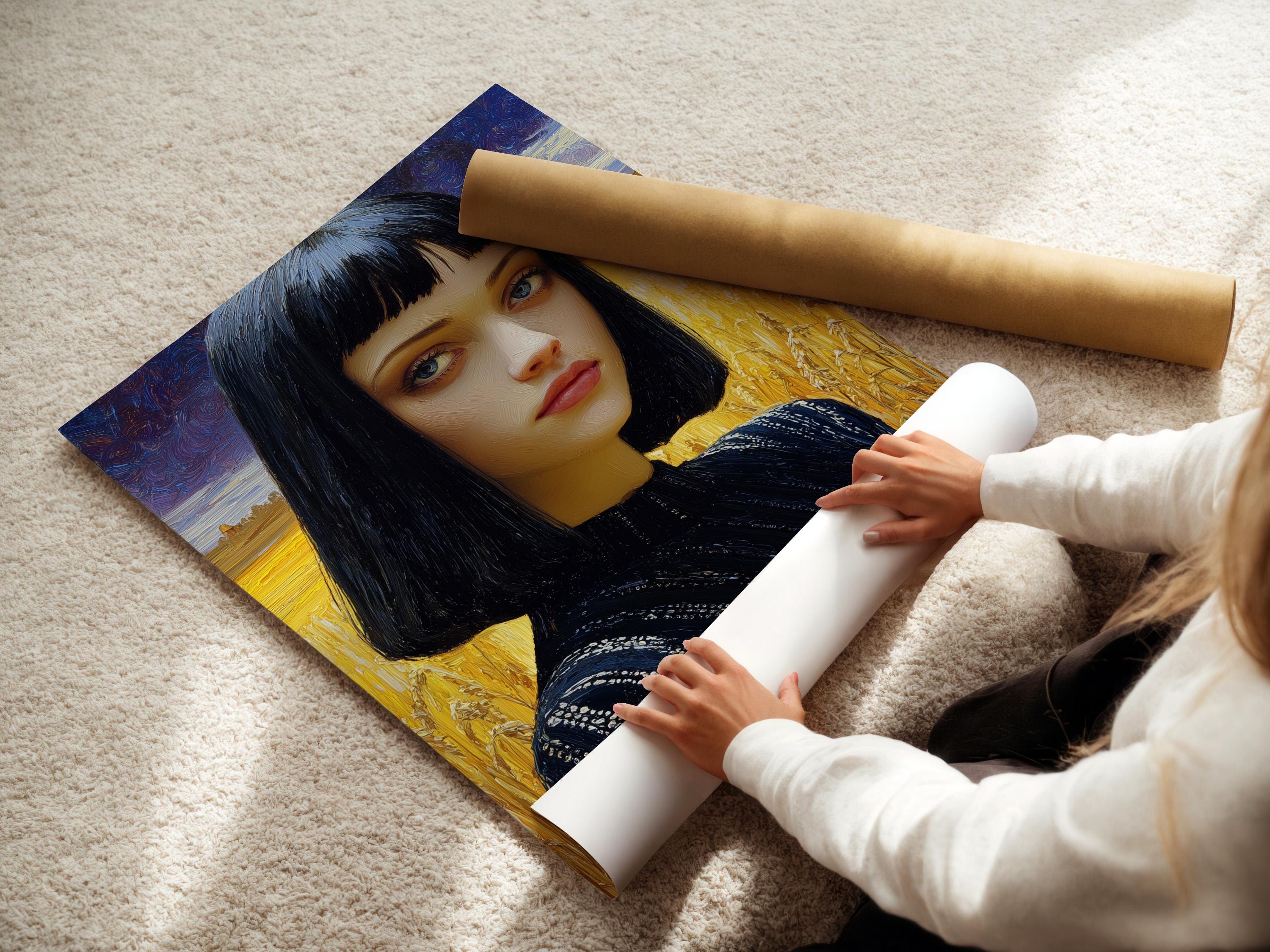 A dark-haired woman’s portrait is painted in front of a golden wheat field, set against a blue, swirling night-sky backdrop detail view